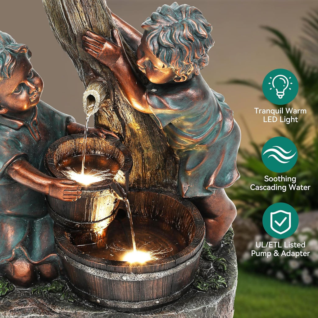 31" Resin Outdoor Water Fountain with LED Lights, Boy-Girl, Pagoda and Wood Barrel Garden Fountain, 3-Tier Cascading Waterfall for Tranquil Backyard, Patio or Porch, Faux Bronze Finish