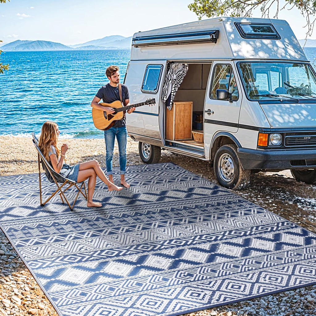 8'x10' Reversible Outdoor Rug - Eco-Friendly Plastic Straw Rug-Heavy-Duty Waterproof Mat, UV & Fade Resistant for Patio, Camping, RV, Deck, Balcony(8x10,Blue&White)