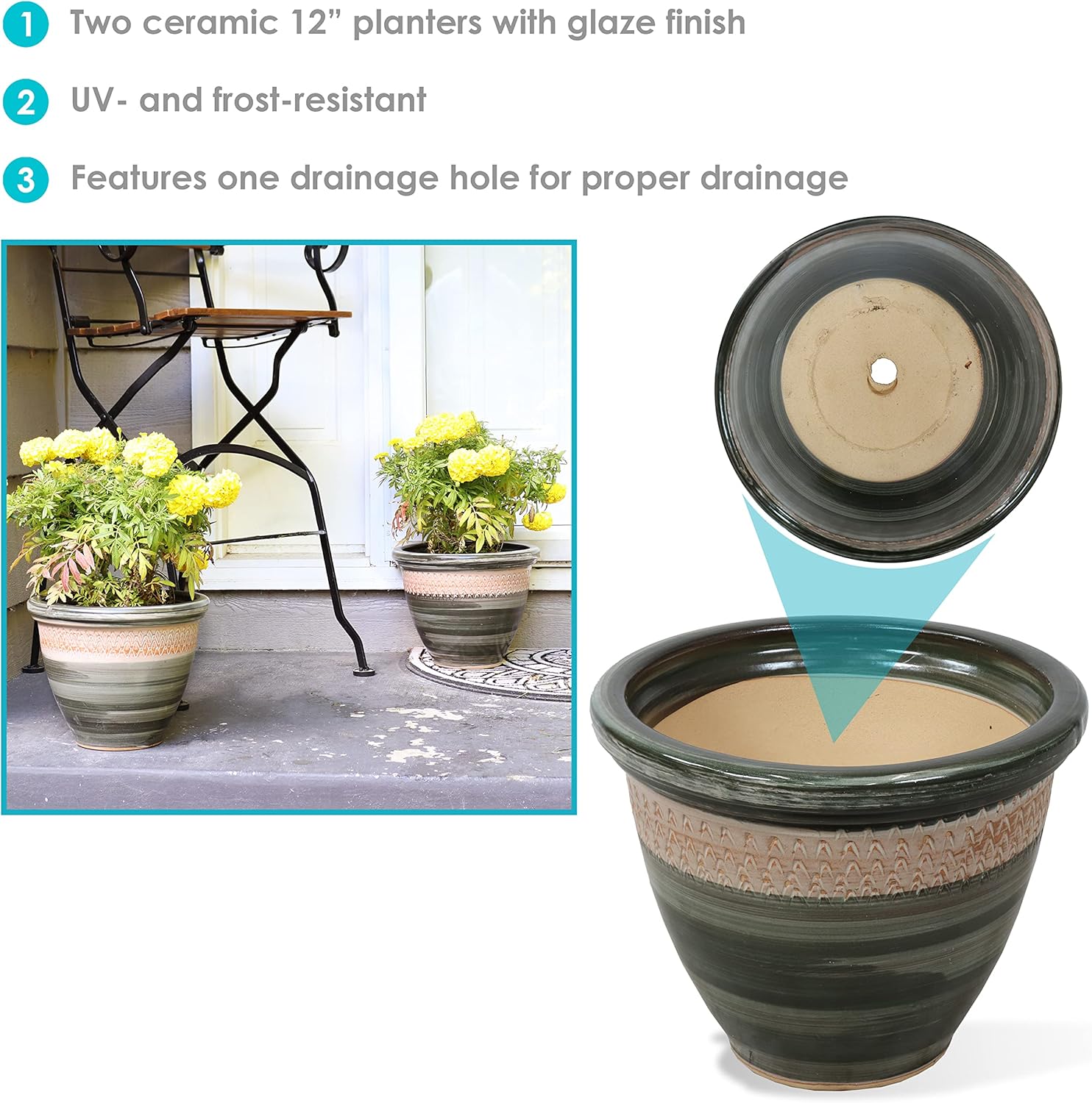 Sunnydaze Purlieu 12-Inch Outdoor/Indoor Ceramic Planters - Set of 2 -Tempest