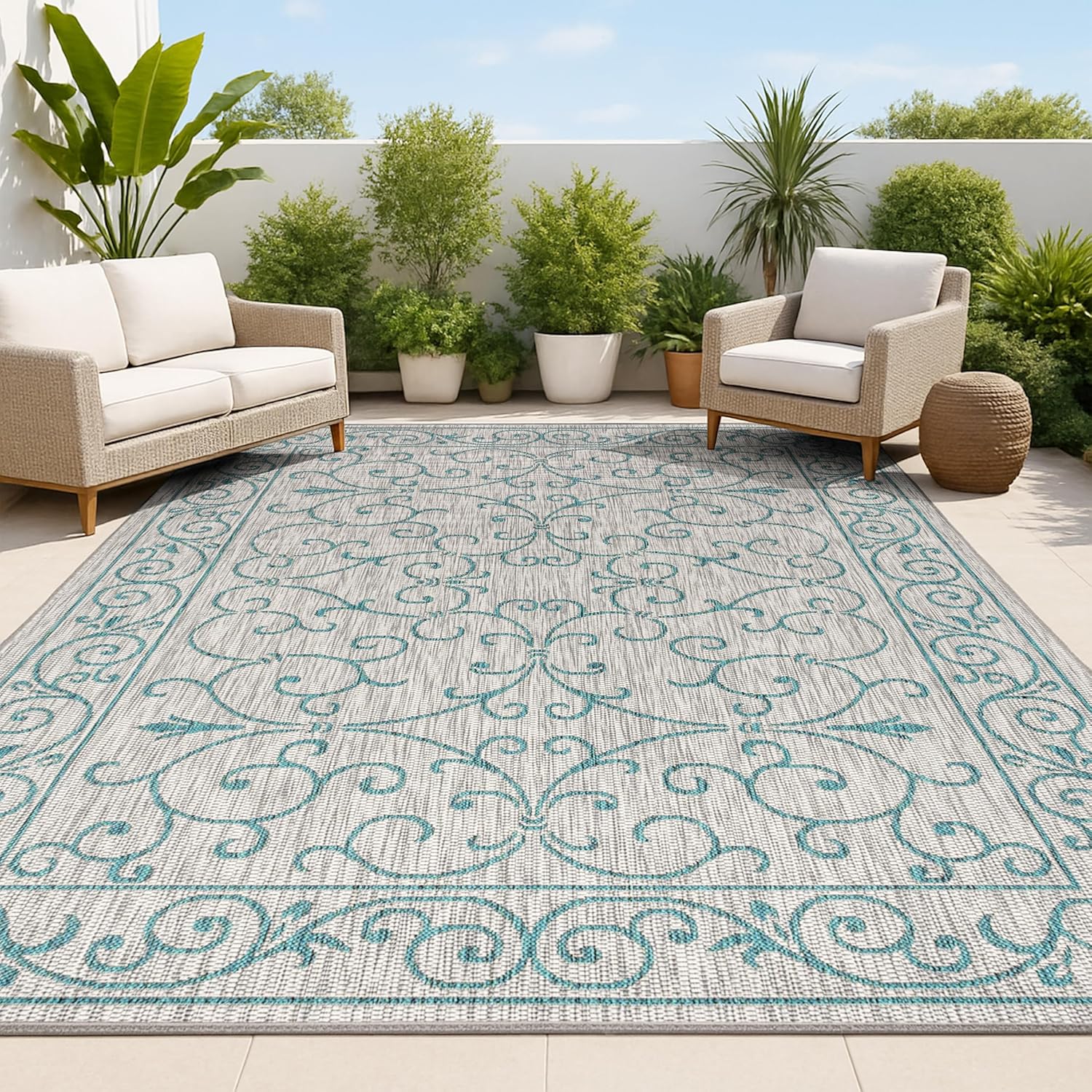 JONATHAN Y SMB106E-8 Charleston Vintage Filigree Textured Weave Indoor Outdoor Rug LivingRoom Backyard,8 X 10,Gray/Teal