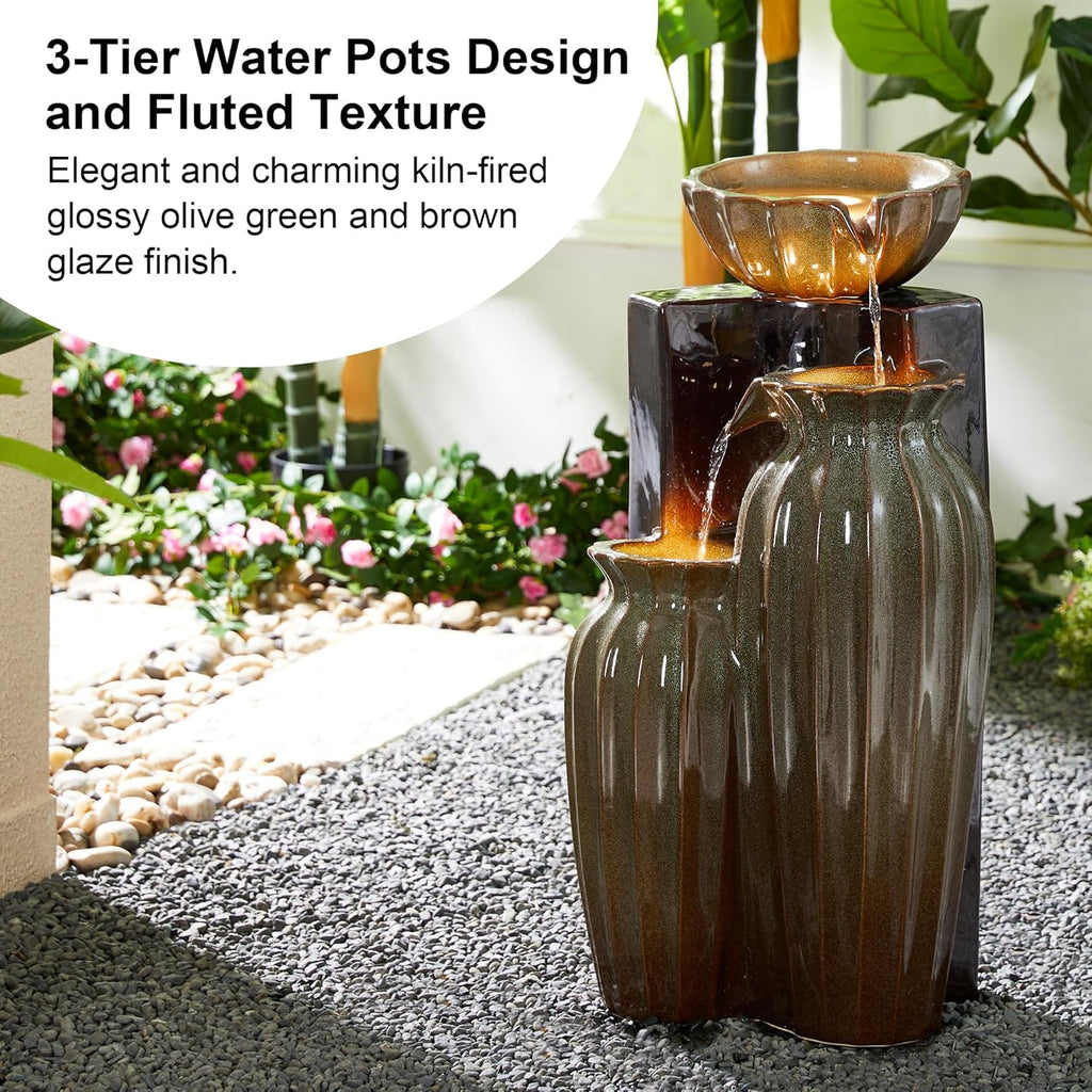 Glitzhome 26.75" H Ceramic Outdoor Water Fountain with LED Lights and Pump, Two Tone Olive Green and Brown Reactive Fluted Texture Cascading Waterfall Floor Standing Fountain for Porch Garden Patio