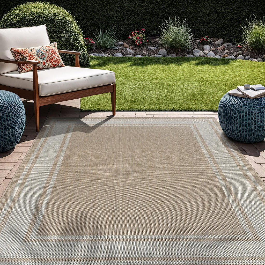 Beverly Rug Large Outdoor Rug 9x12 Modern Bordered Area Rugs for Indoor and Outdoor Patio Deck Porch Garden Waterproof Weather Sun Resistant Washable Outside Carpet (9 x 12 Beige)