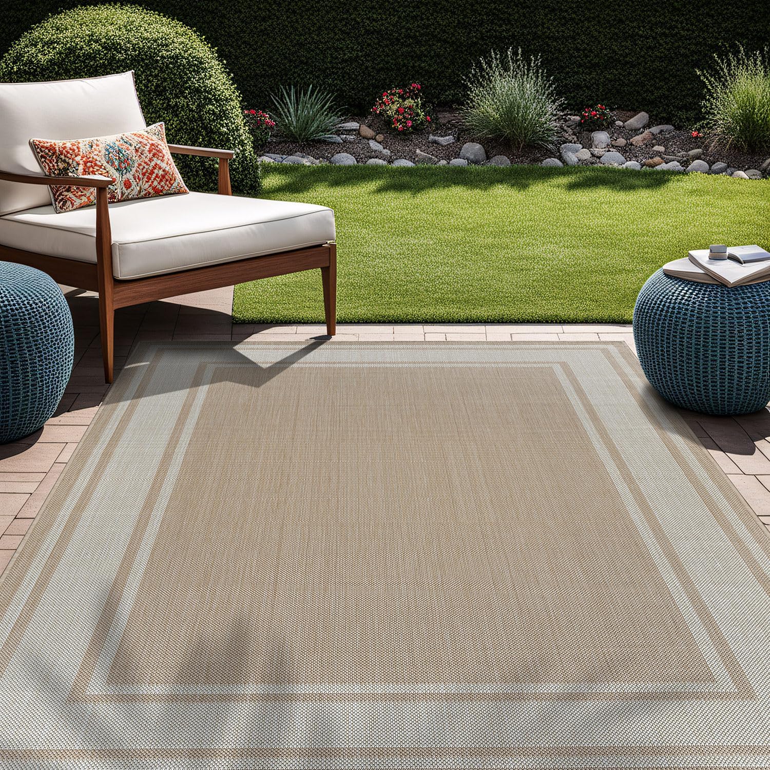 Beverly Rug Large Outdoor Rug 9x12 Modern Bordered Area Rugs for Indoor and Outdoor Patio Deck Porch Garden Waterproof Weather Sun Resistant Washable Outside Carpet (9 x 12 Beige)