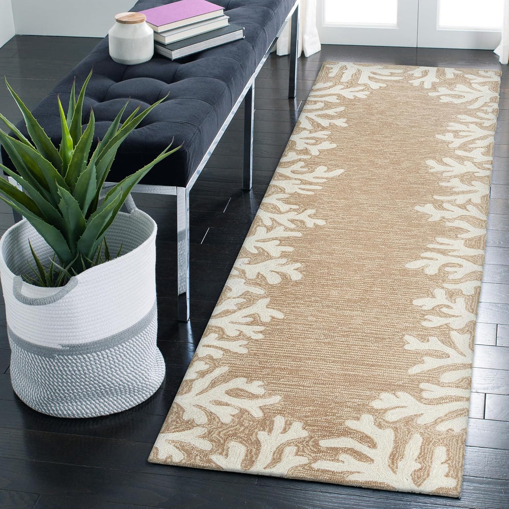 Liora Manne CAPRI Indoor/Outdoor Handmade Synthetic Blend Durable Area Rug - Traditional Border Coastal Beach Accent (Coral Border Neutral) (2' x 8')