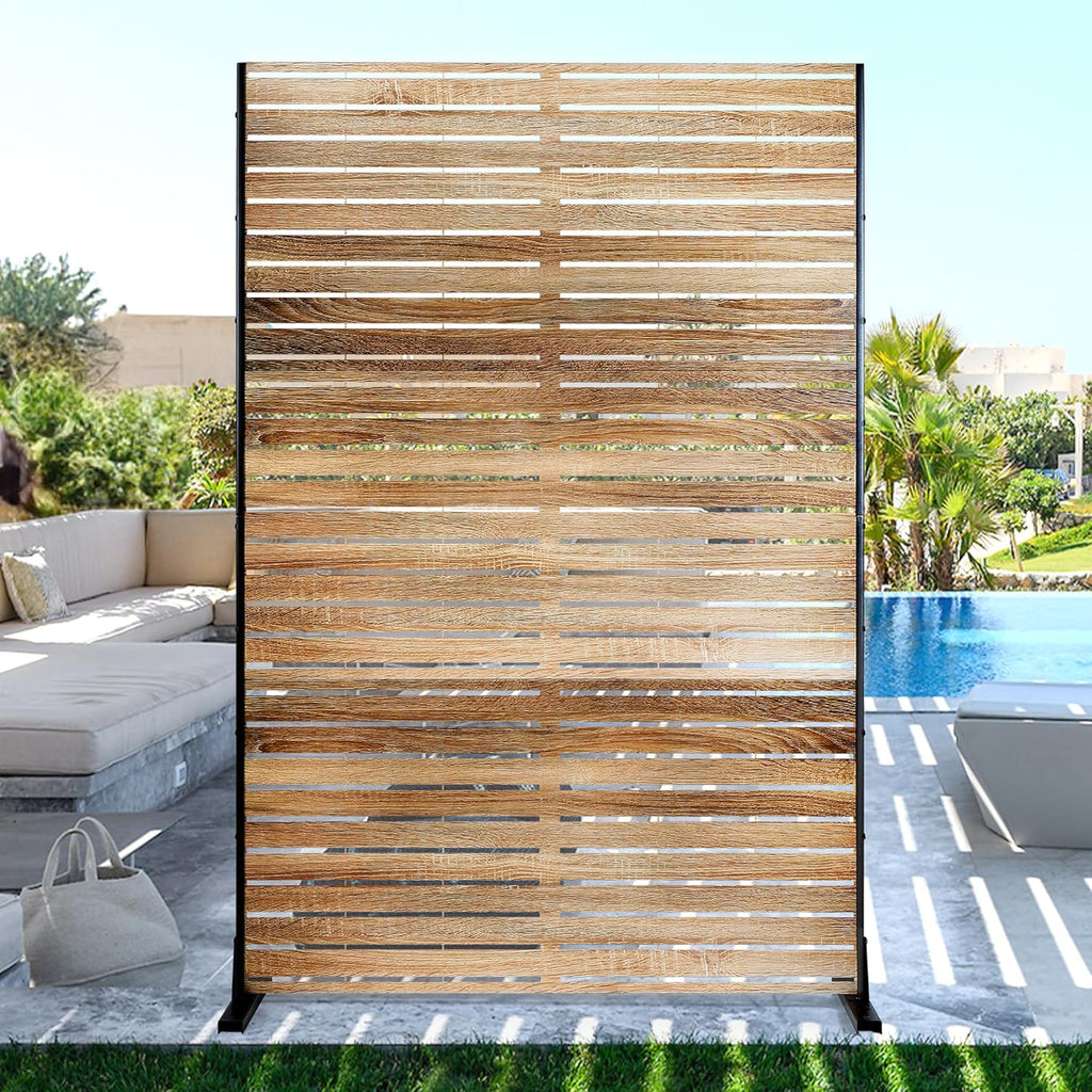 FENCY Outdoor Privacy Screen, 72" H×47" W Metal Patio Privacy Screen, Freestanding Decorative for Deck Balcony Patio Natural Wood Color