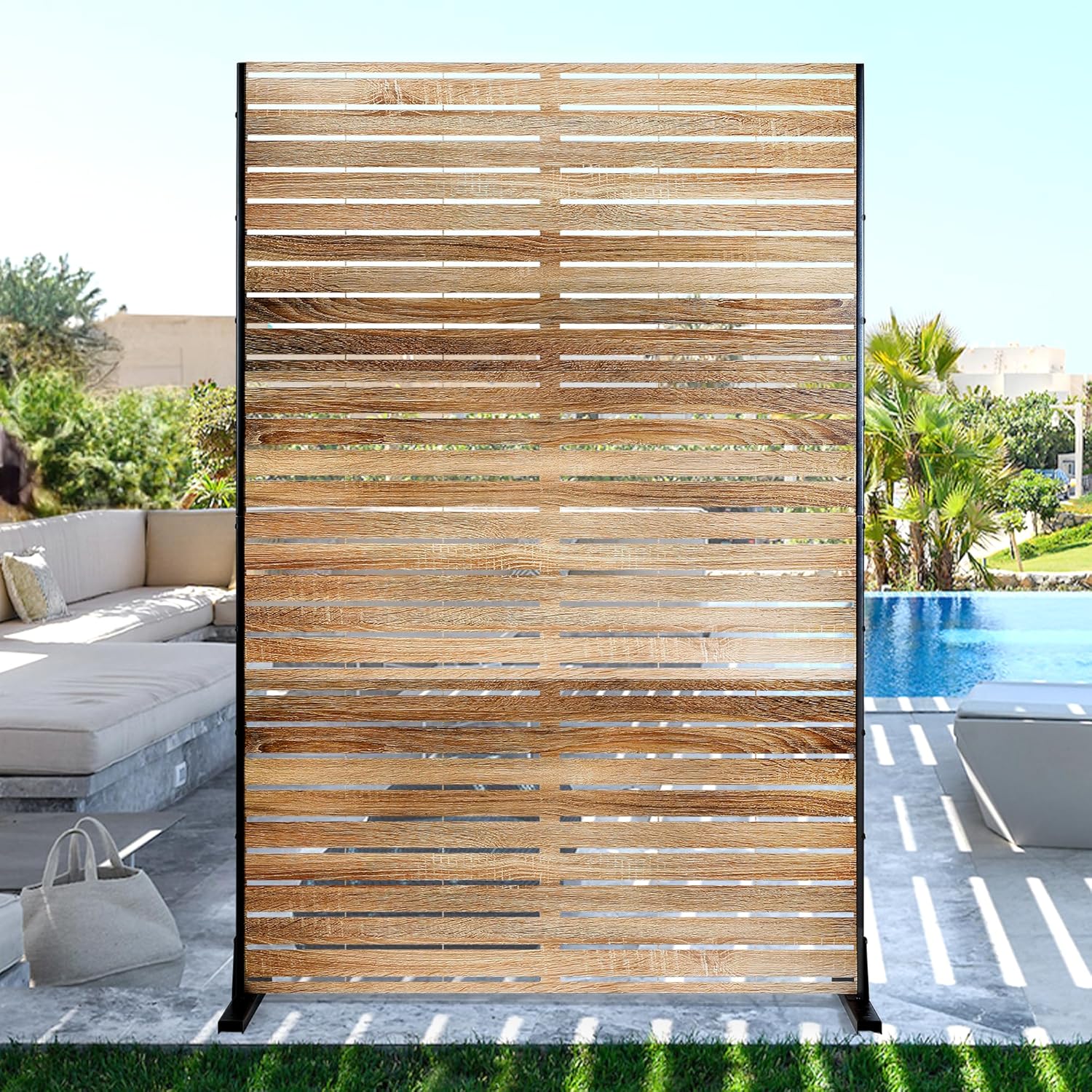 FENCY Outdoor Privacy Screen, 72" H×47" W Metal Patio Privacy Screen, Freestanding Decorative for Deck Balcony Patio Natural Wood Color