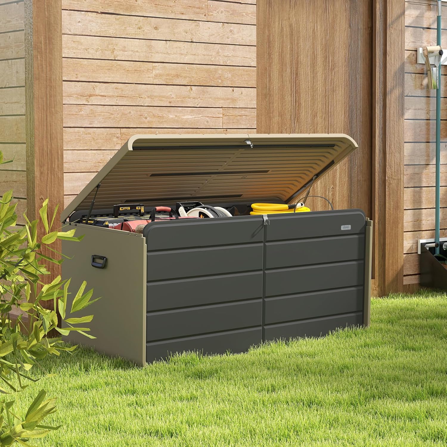 Domi 160 Gallon Resin Deck Box, Waterproof & UV-Resistant Outdoor Large Storage Box Lockable Storage Bin for Patio Cushions Pool Supplies Garden Tools and Delivery Storage