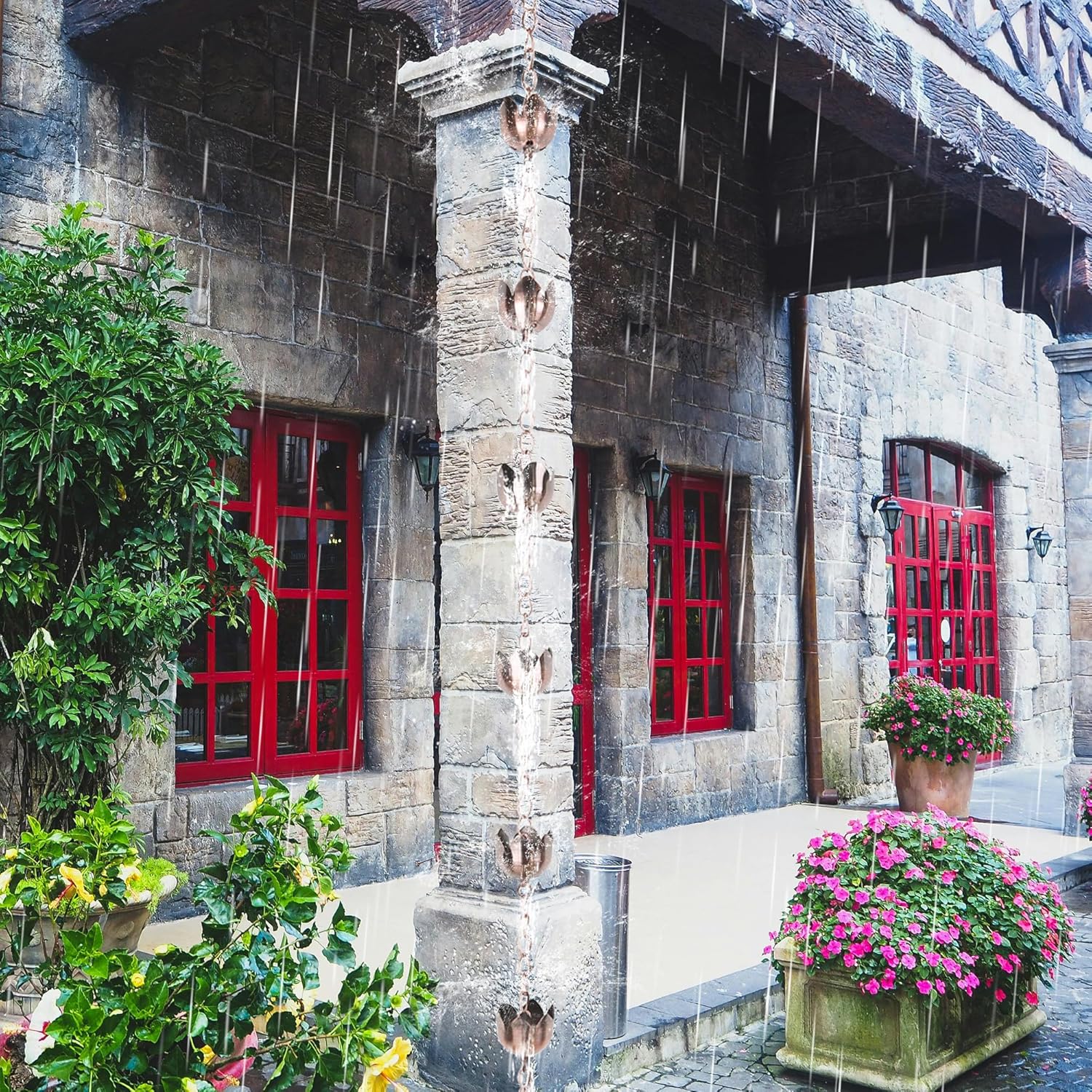 DUSVALLY Rain Chain, 5.85 FT Lotus Metal Rain Chain, Functional and Decorative Replacement for Gutter Downspouts, Divert Water and Home Display, Adjustable, Antique Brown