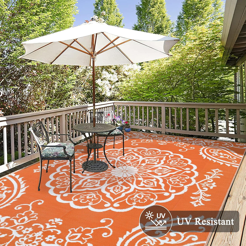 Pauwer Waterproof Outdoor Rug 6x9, Reversible Plastic Straw Patio Camping Rug, Indoor Outdoor RV Mat Carpet for Deck, Camper, Porch, Balcony, Backyard, Picnic, Boho Orange