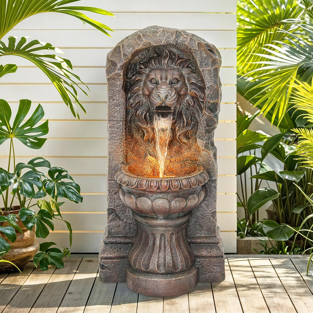 30" Lion Head Outdoor Water Fountain with LED Lights, 2-Tier Resin Garden Fountain, Tranquil Cascading Waterfall for Patio Yard Deck or Porch, Faux Bronze Finish, Weather-Resistant