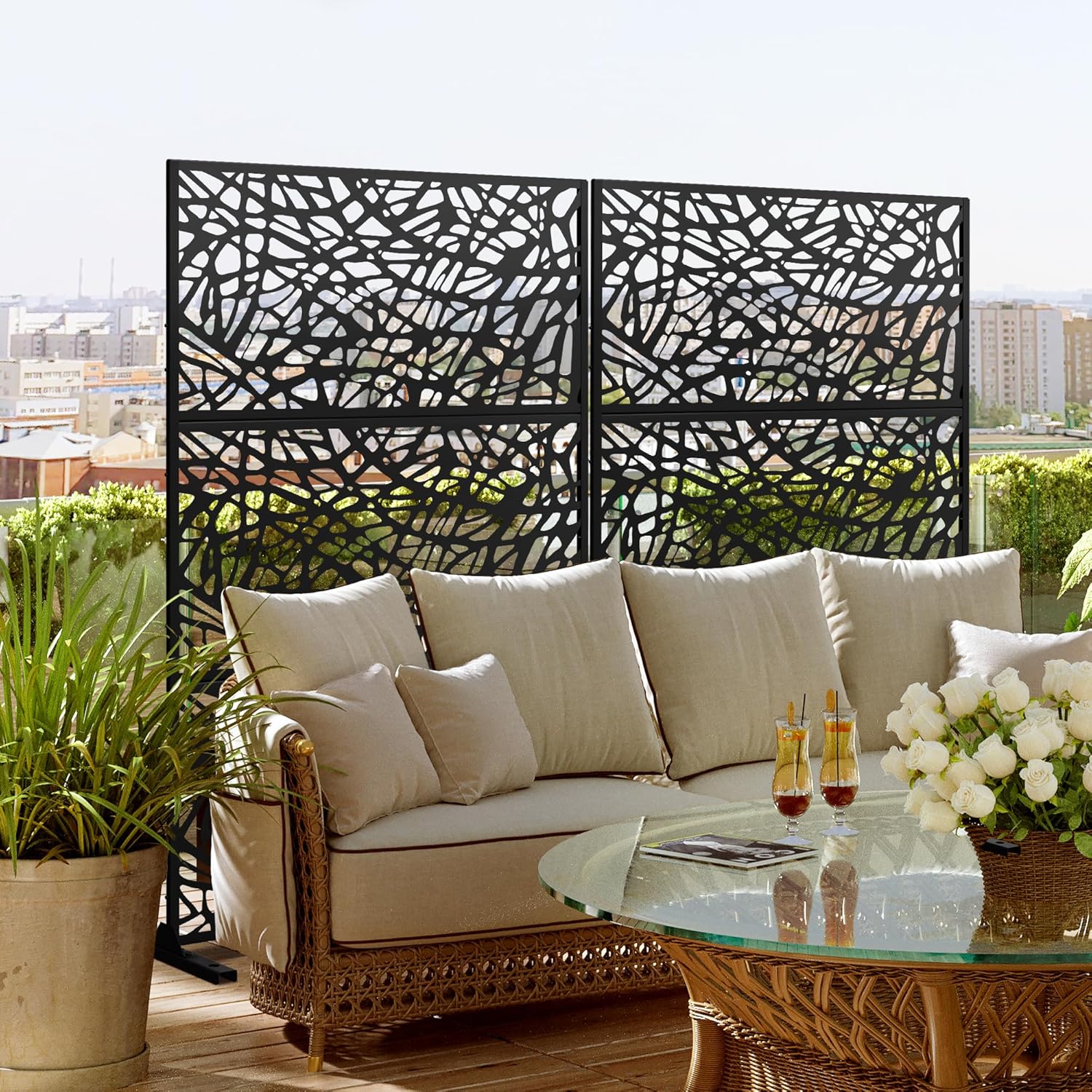 Metal Privacy Screen Outdoor 72" H×47" W,Freestanding Decorative Privacy Screen for Balcony Yard&Garden,Privacy Fence-Black&Net