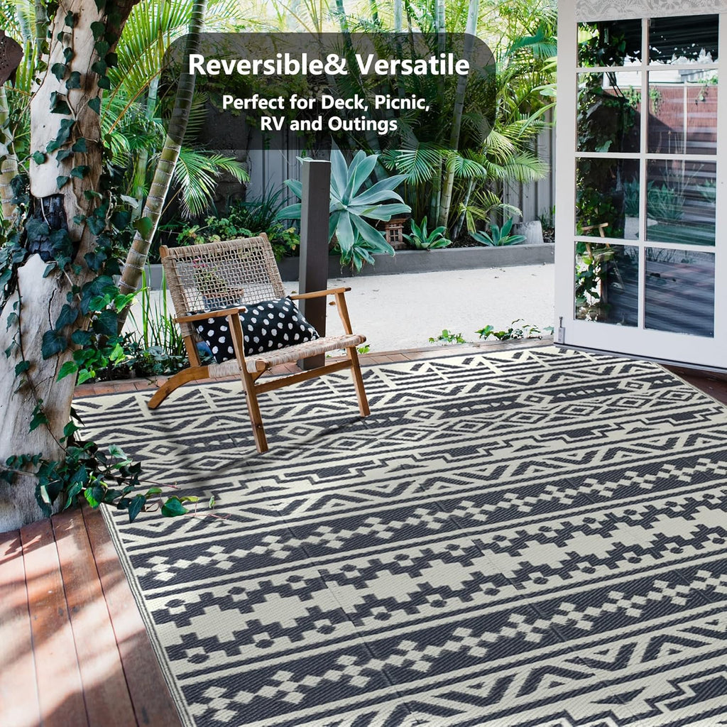 RV Waterproof Mat Outdoor Rugs 9'x12' for Patios Clearance Carpet Camping, Large Plastic Straw (9x12ft Geometric Boho Grey&White)