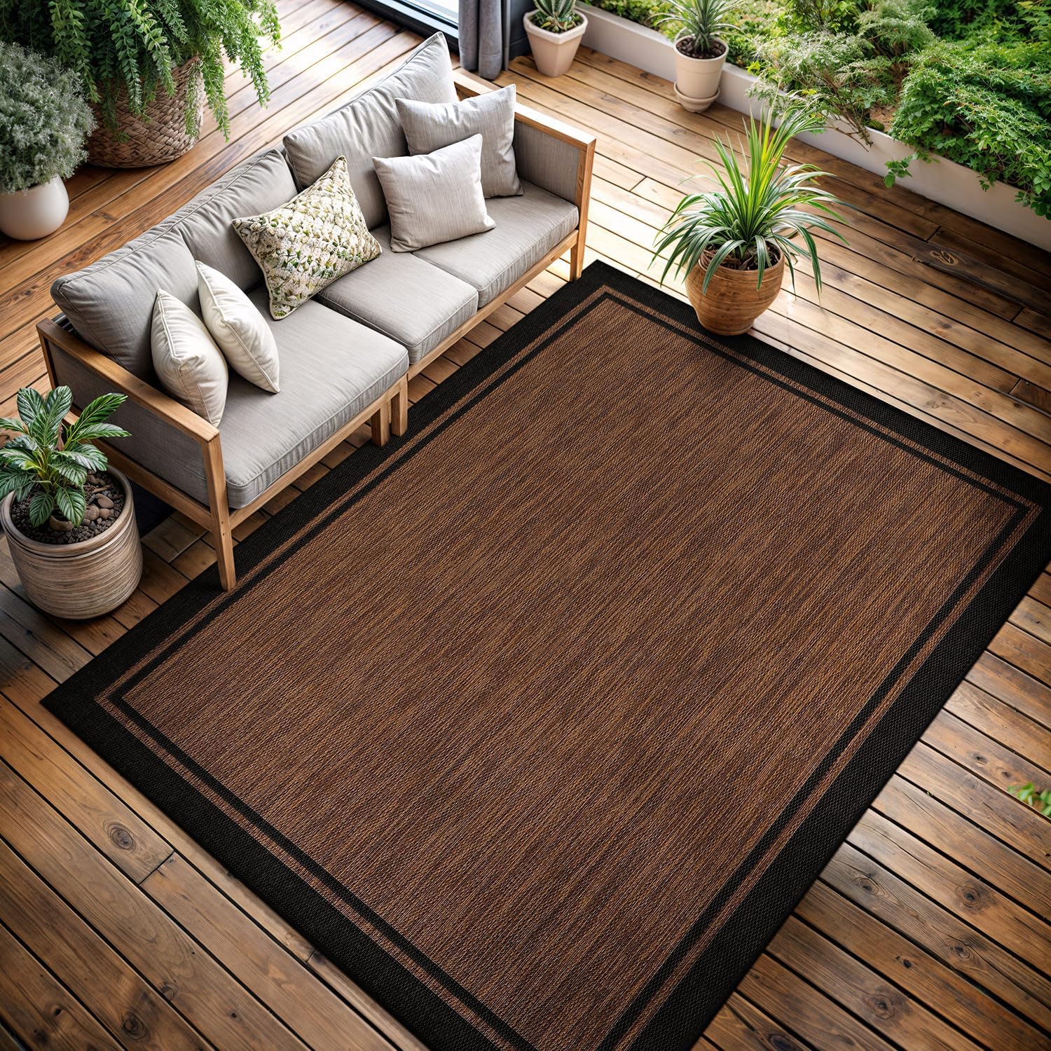 CAMILSON Indoor Outdoor Rug, 5x7 Bordered Nut Brown Black Modern Area Rugs for Indoor and Outdoor Patios, Kitchen and Hallway Mats, Washable Porch Deck Outside Carpet (Bordered Nut Brown Black, 5 x 7)