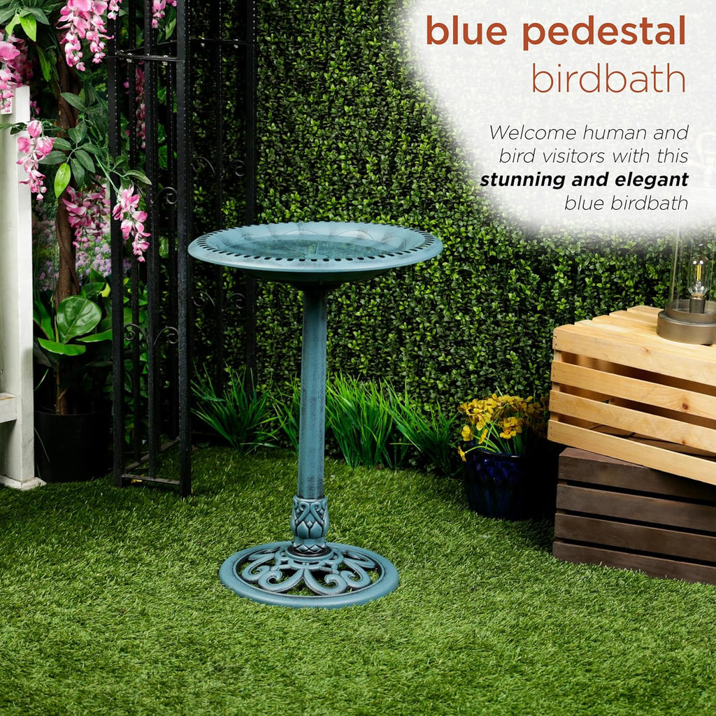 Alpine Corporation TEC116BL Pedestal Birdbath with Scrollwork Base and Ground Stakes, Décor for Lawn & Garden, 21" H, Blue
