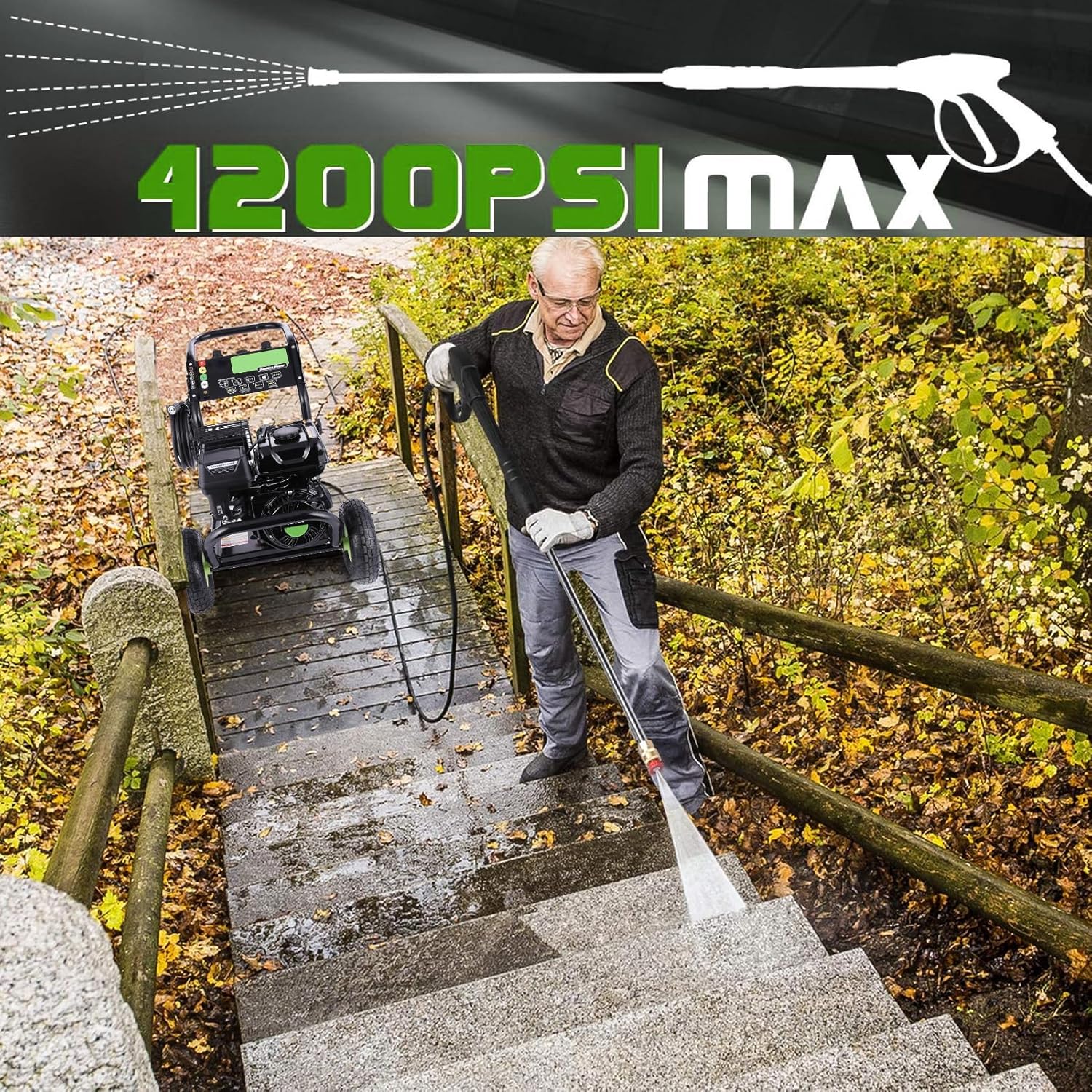 Professional 4200PSI 4GPM 196CC Gas Pressure Washer, Commercial Gas Power Washer with 5 Nozzles 25FT Hose Foam Bottle for Car Fence Driveway Yard (EPA/CARB/ETL Compliant), 2 Green Wheels