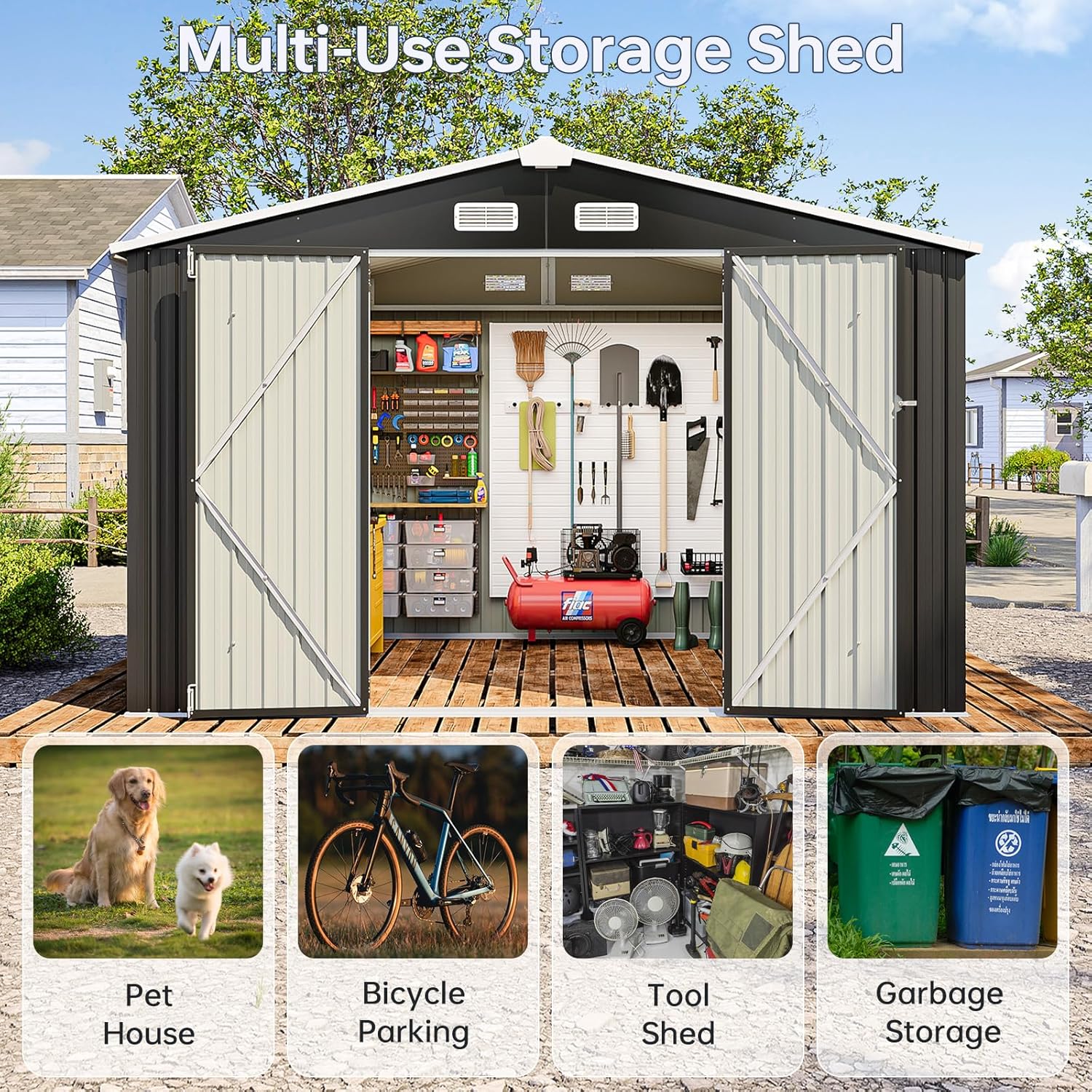 8x10 FT Outdoor Storage Shed, Utility Steel Tool Shed with Lockable Door and Air Vents, Galvanized Metal Shed for Garden Backyard Patio Lawn (8'x10', Black)