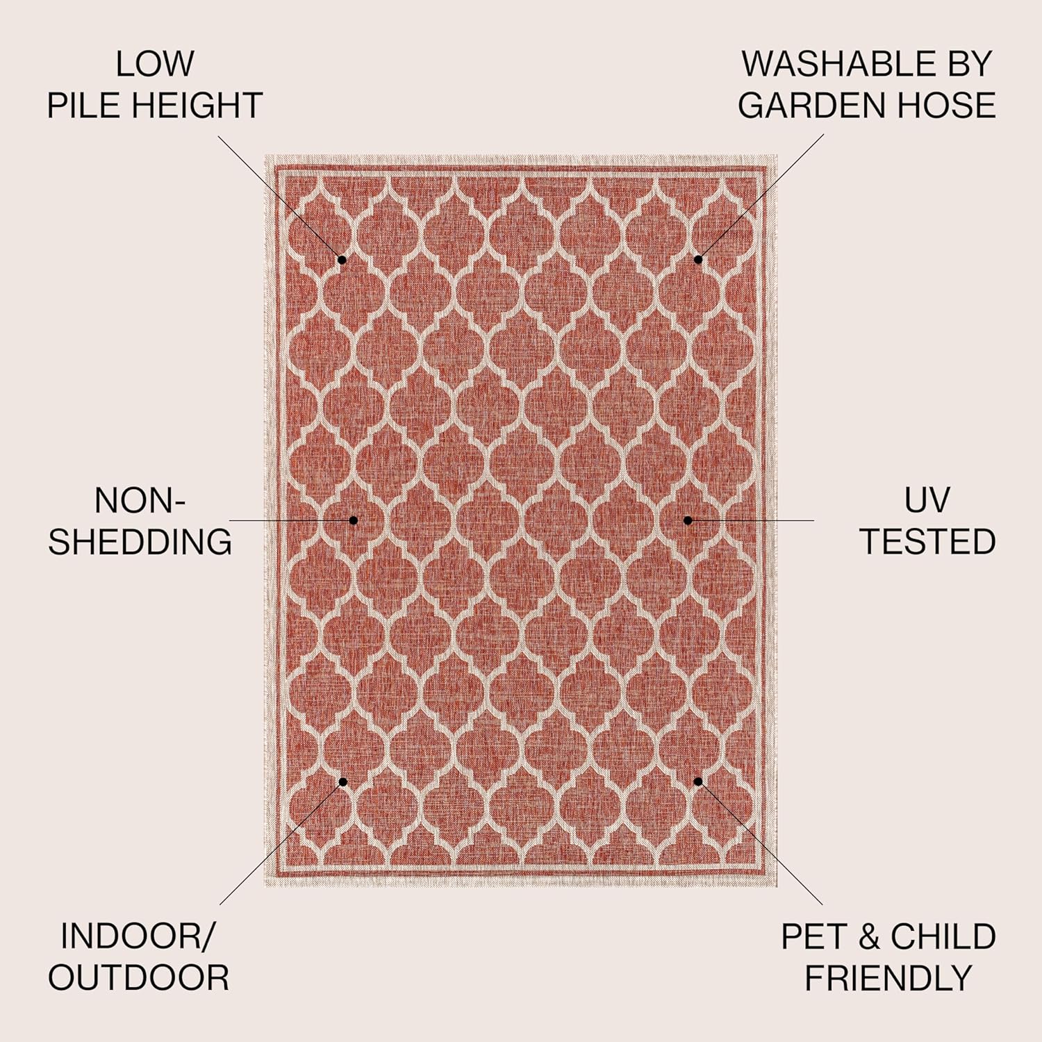 Eyely BMS109C-4SQ Santa Monica Trebol Moroccan Trellis Textured Weave, Pet Friendly, Non-Shedding, Stain Resistant, Easy-Cleaning, Red/Beige, 4' Square, Indoor/Outdoor, Area Rug