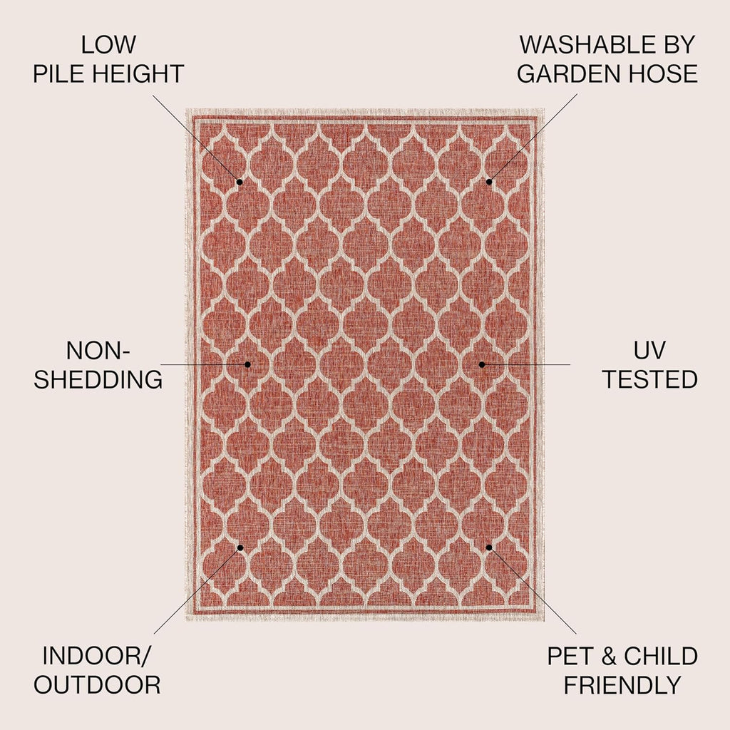 Eyely BMS109C-6 Santa Monica Trebol Moroccan Trellis Textured Weave, Pet Friendly, Non-Shedding, Stain Resistant, Easy-Cleaning, Red/Beige, 6 ft. x 9 ft., Indoor/Outdoor, Area Rug