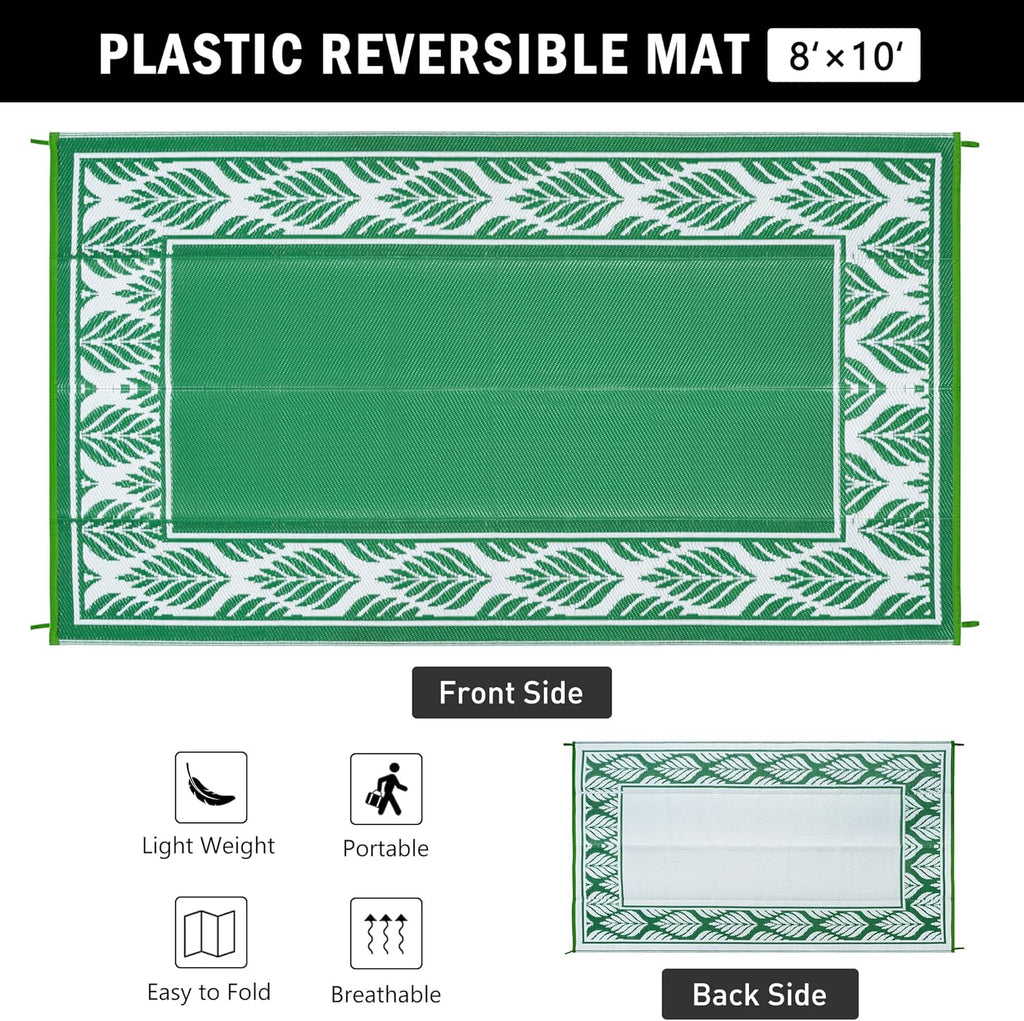 8x10 Patio Waterproof Outdoor Rug Outrside Camping Carpet RV Area Rug Reversible Green Rugs for Deck Entryance Porch Picnic Balcony Beach