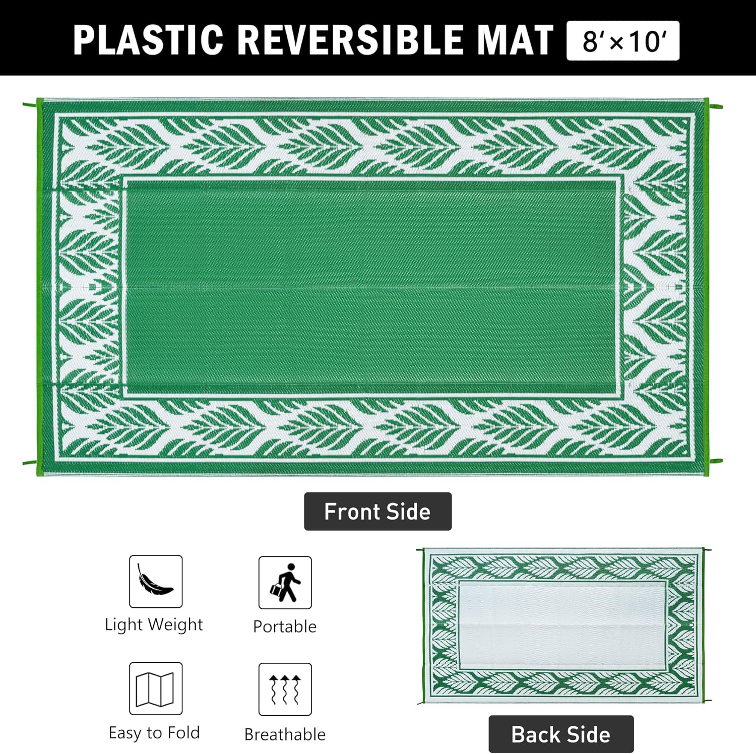 8x10 Patio Waterproof Outdoor Rug Outrside Camping Carpet RV Area Rug Reversible Green Rugs for Deck Entryance Porch Picnic Balcony Beach