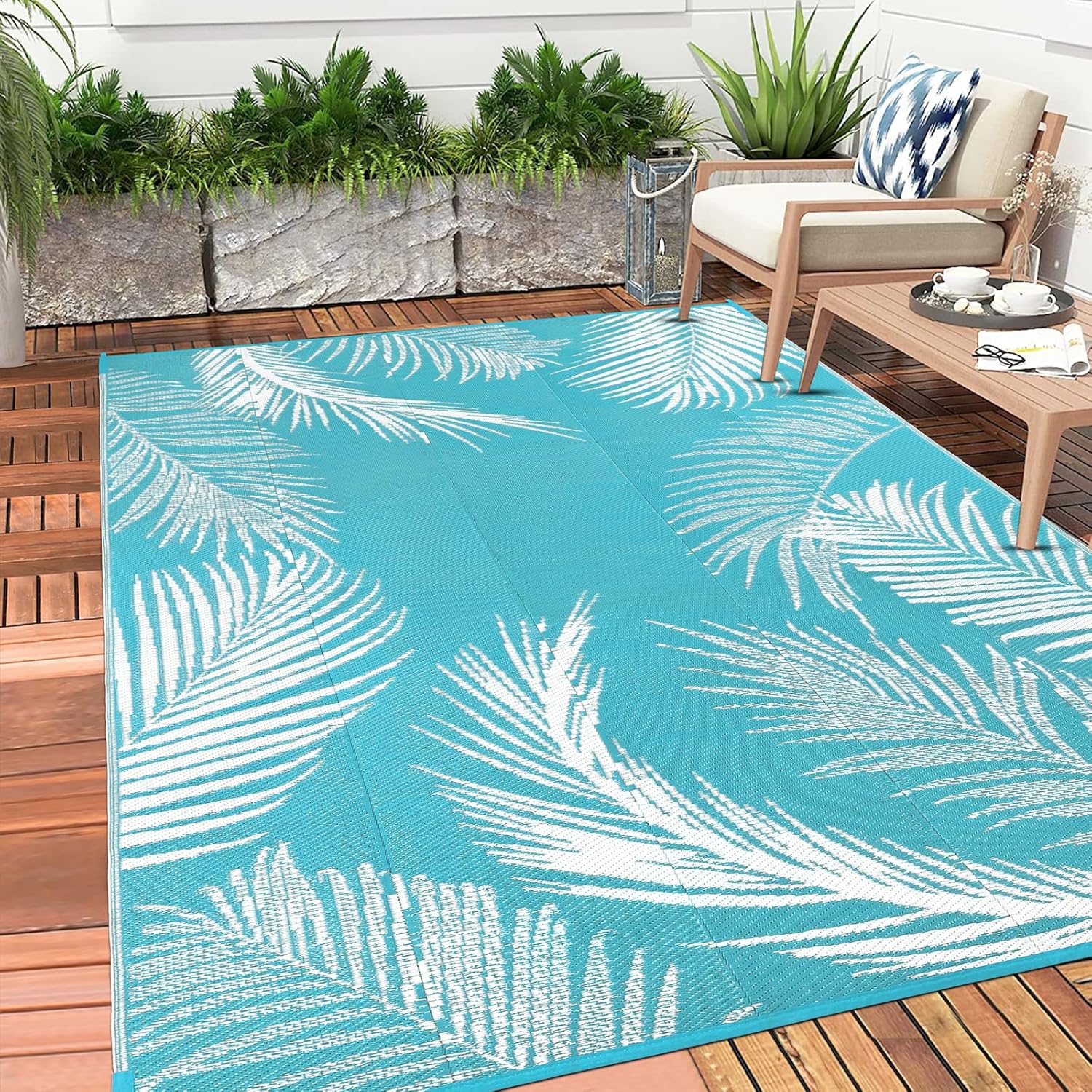 Pauwer Waterproof Outdoor Rug 6x9, Reversible Plastic Straw Patio Camping Rug, Indoor Outdoor RV Mat Carpet for Deck, Camper, Porch, Balcony, Backyard, Picnic, Leaf Teal