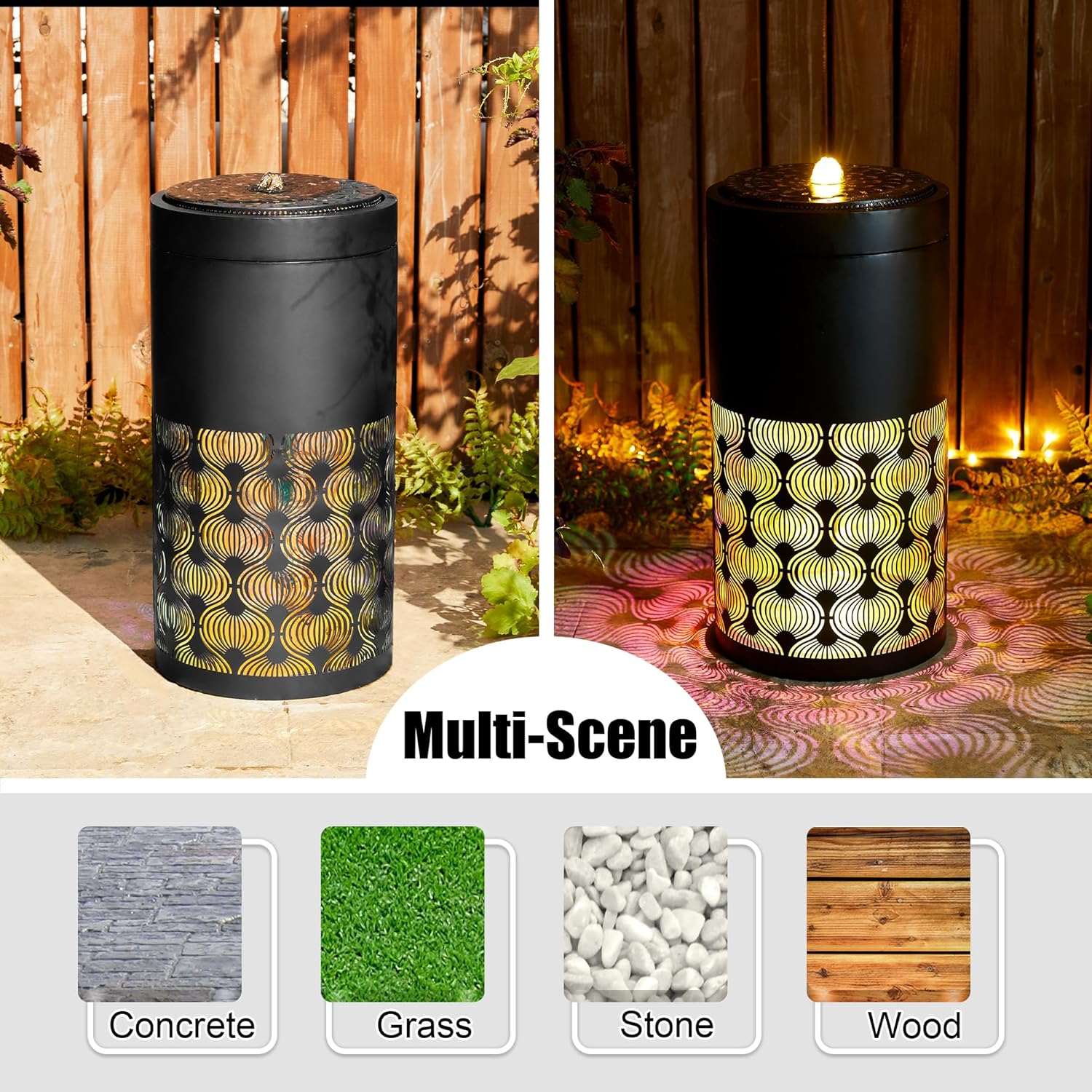 Glitzhome Metal Cutout Water Fountain with Pump, Adapter and LED Light, Modern Black Cutout Bird Bath Garden Outdoor Fountain and Waterfalls 24''H, Freestanding Fountains for Patio Backyard Decor