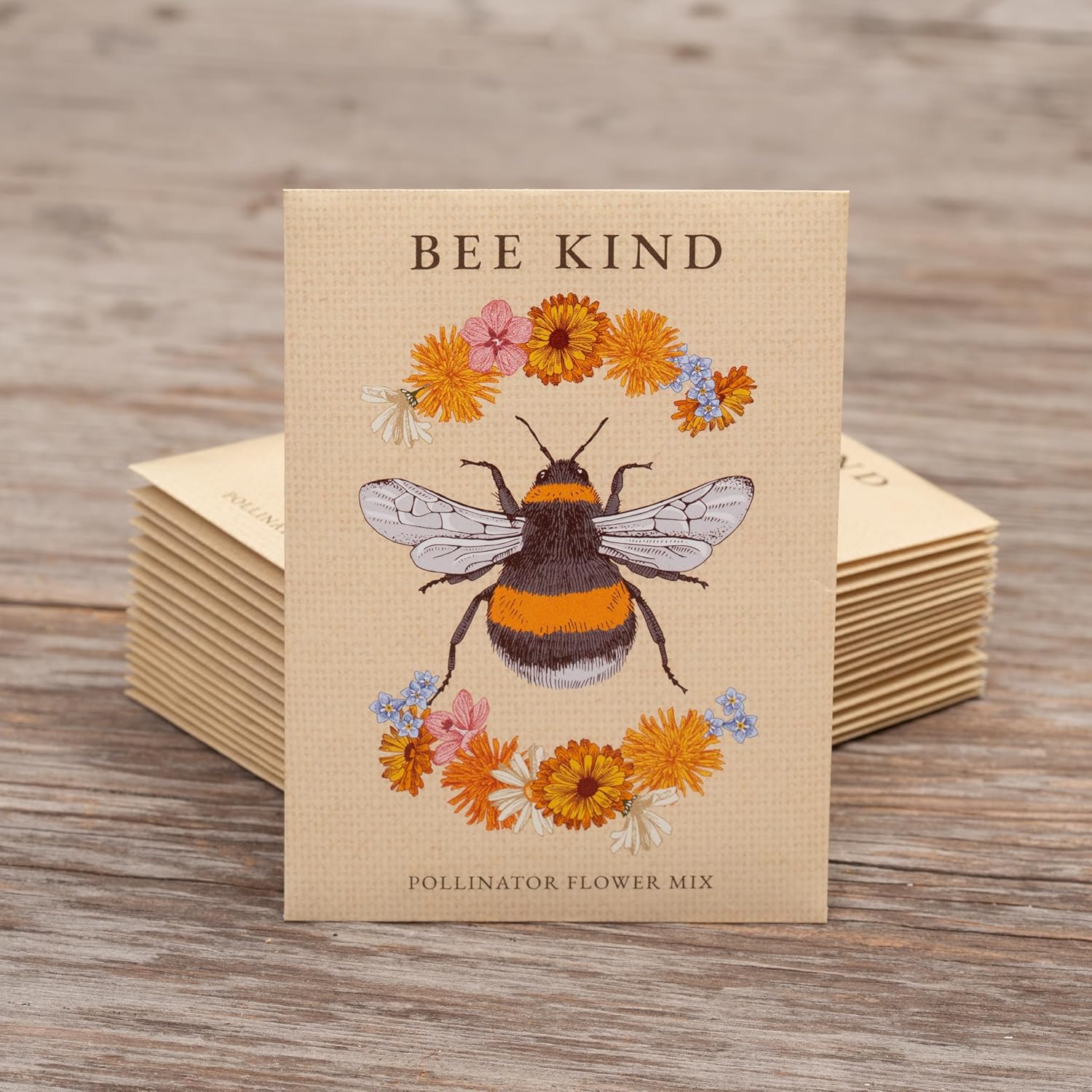 Bentley Seed Co. | Bee Kind Pollinator | Beautiful Bee Art | Environmental Favors Cards for Guests Seed Packets | Pollinator Wildflower Mix Seed Packets | Eco-Friendly Hand Out Gift | 25 Pack