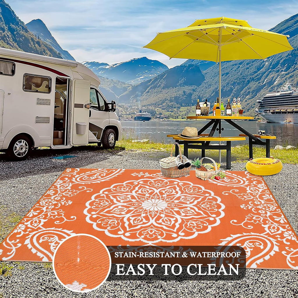 Pauwer Waterproof Outdoor Rug 8x10, Reversible Plastic Straw Patio Camping Rug, Indoor Outdoor RV Mat Carpet for Deck, Camper, Porch, Balcony, Backyard, Picnic, Boho Orange