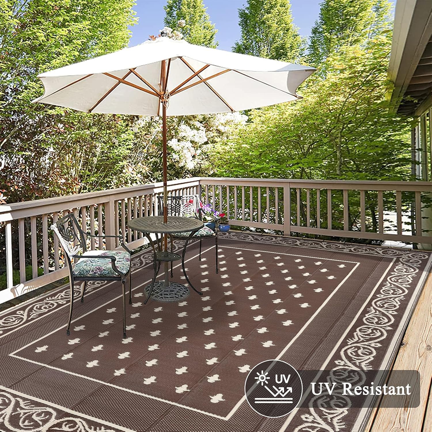 Pauwer Waterproof Outdoor Rug 8x10, Reversible Plastic Straw Patio Camping Rug, Indoor Outdoor RV Mat Carpet for Deck, Camper, Porch, Balcony, Backyard, Picnic, Bordered Brown