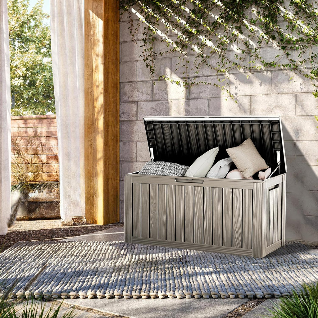 80 Gallon Lockable Resin Deck Box, Waterproof & UV-Resistant Outdoor Storage Box for Outdoor Cushion Storage, Garden Tools & Pool Accessories Storage, Gray