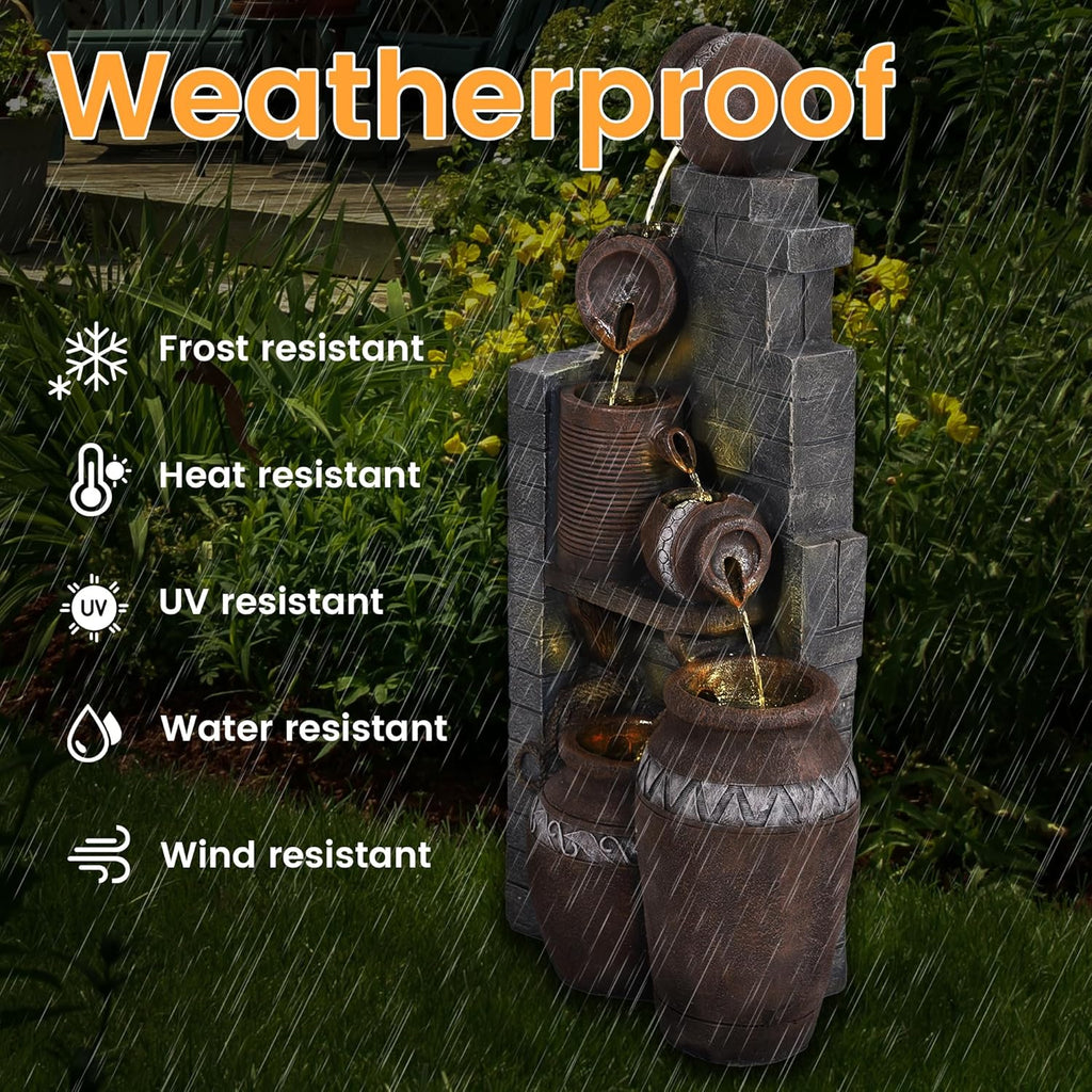 6-Tiers Garden Waterfall Fountain Outdoor - 40''H Water Fountains and Waterfalls, Large Outdoor/Indoor Floor Standing Resin Water Fountain with LED Light for Patio, Garden and Home (Grey)