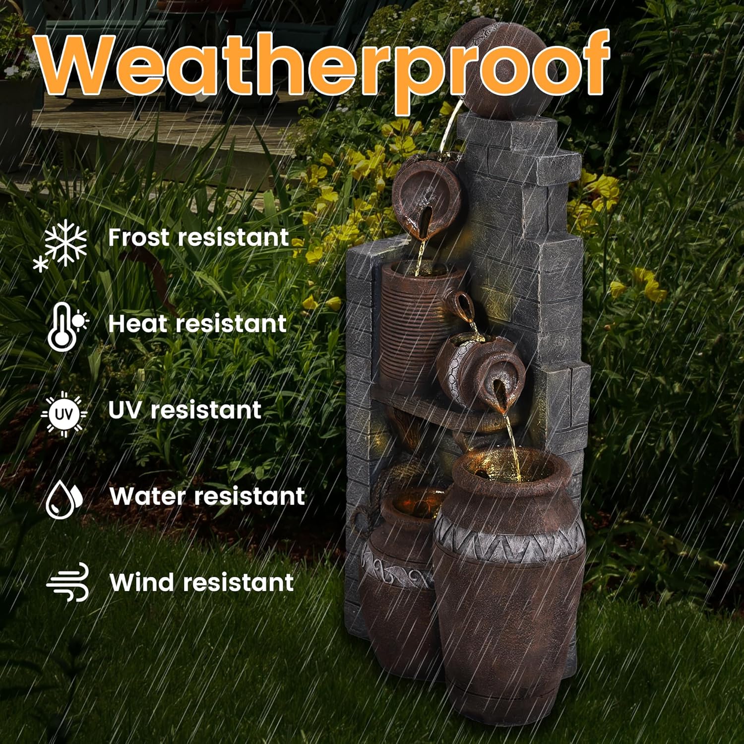 6-Tiers Garden Waterfall Fountain Outdoor - 31’5''H Water Fountains and Waterfalls, Large Outdoor/Indoor Floor Standing Resin Water Fountain with LED Light for Patio, Garden and Home (31.5”H)