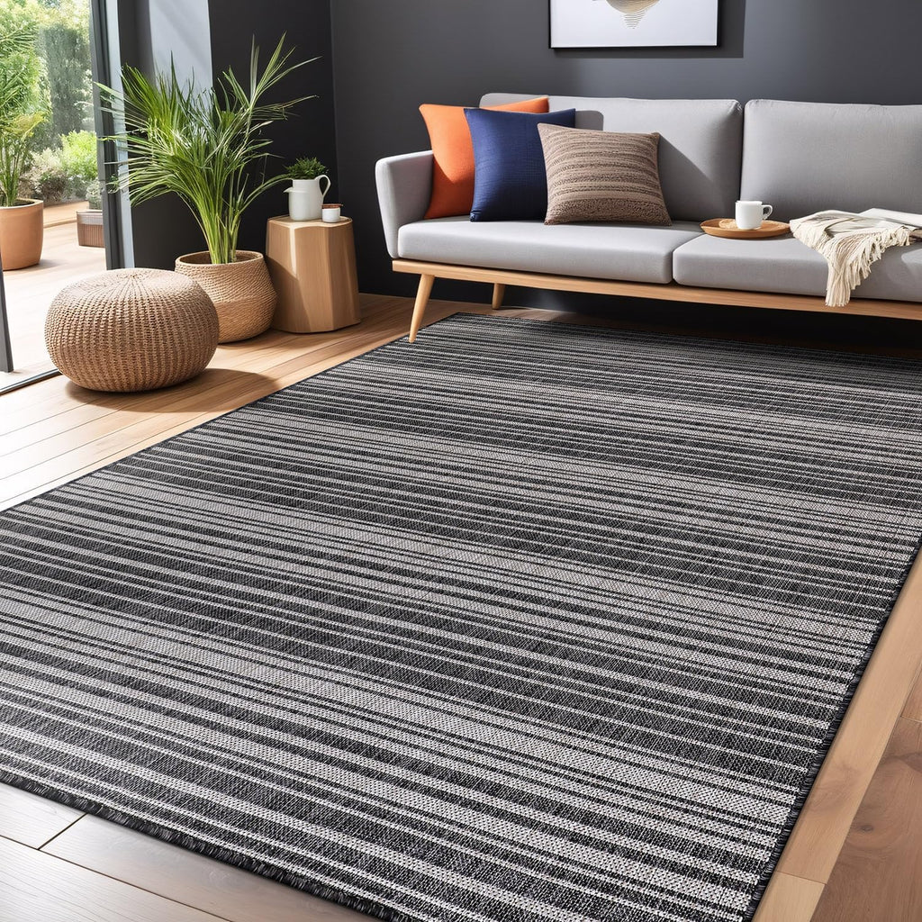 Stripe Outdoor Rug 8x10 Washable Outside Carpet for Indoor Patio Porch Waterproof Easy Cleaning Non Shedding Area Rugs Dark Gray 8 x 10
