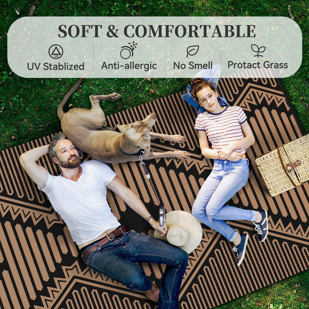 MontVoo Outdoor Rug-Waterproof Camping Rug Patio Rug Mat 6x9 Reversible Plastic Straw Outside Outdoor Rug for RV Camping Picnic Balcony Backyard Pool Deck Porch Modern Boho Black Brown