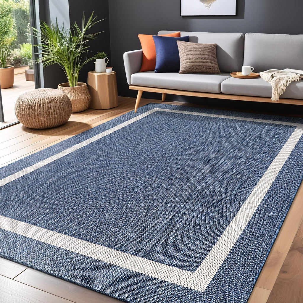 Bordered Outdoor Rug 6x9 Washable Outside Carpet for Indoor Patio Porch Waterproof Easy Cleaning Non Shedding Area Rugs Blue 6 x 9