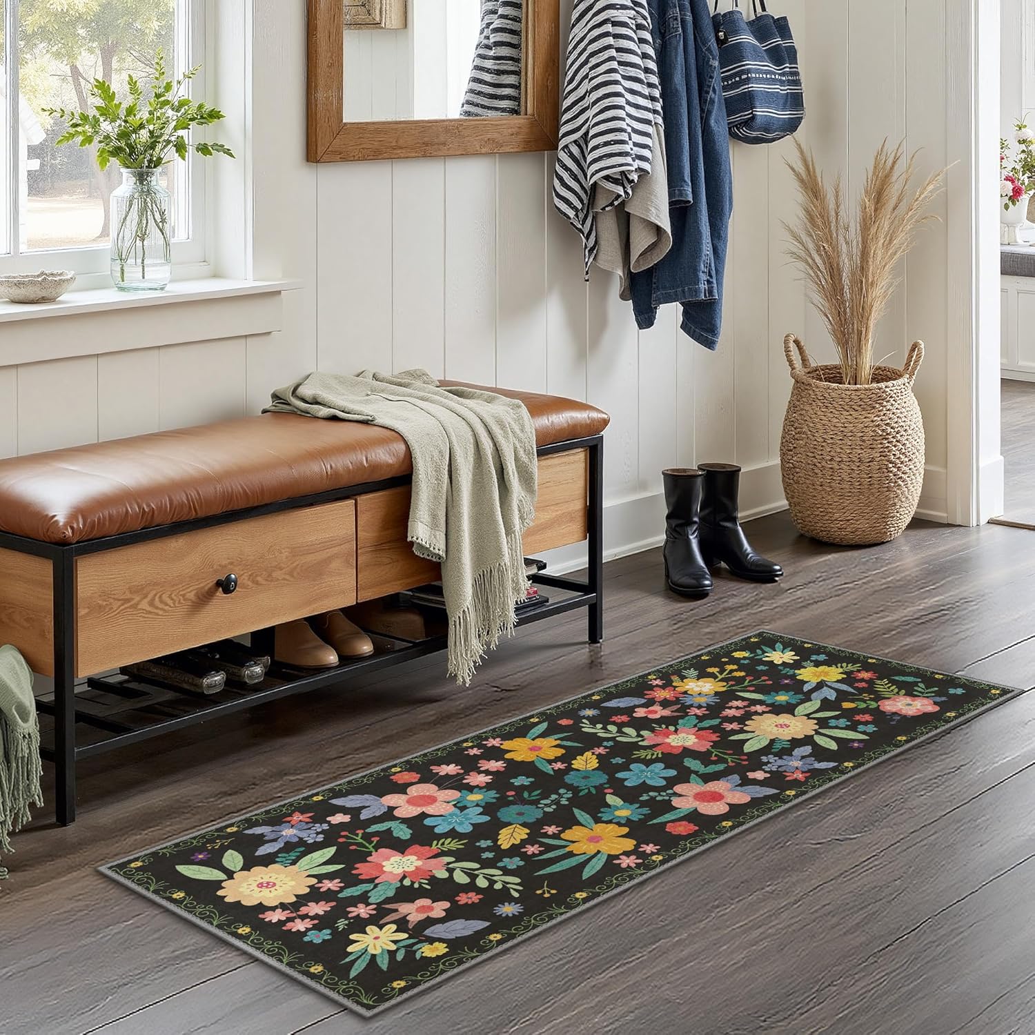 GENIMO Indoor Outdoor Area Rug 2' X 5' Waterproof, Washable Runner Rug Non Shedding, Easy Cleaning Floral Outdoor Carpet for Patio, Living Room, Bedroom, Entryway, Porch, Dining Room, Black