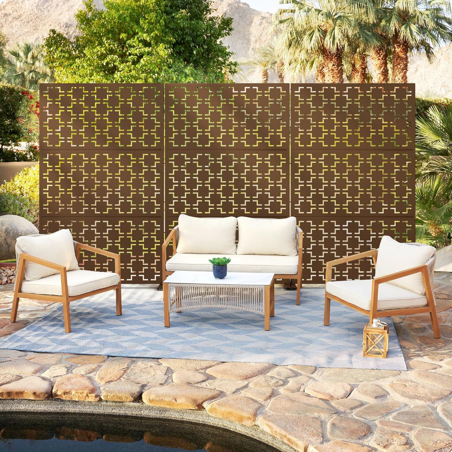 Metal Privacy Screen Outdoor 72" H×47" W,Freestanding Decorative Privacy Screen for Balcony Yard&Garden,Privacy Fence-Brown&Square