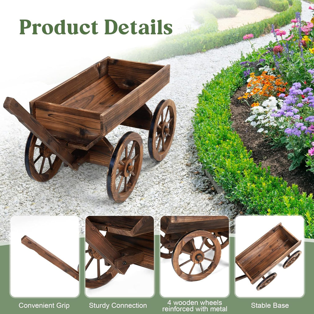 Wood Wagon Planter for Outdoor Balcony Decor - Garden Rustic Wooden Flower Cart with Wheels for Outside Garden Decor Wheelbarrow Planter for Patio