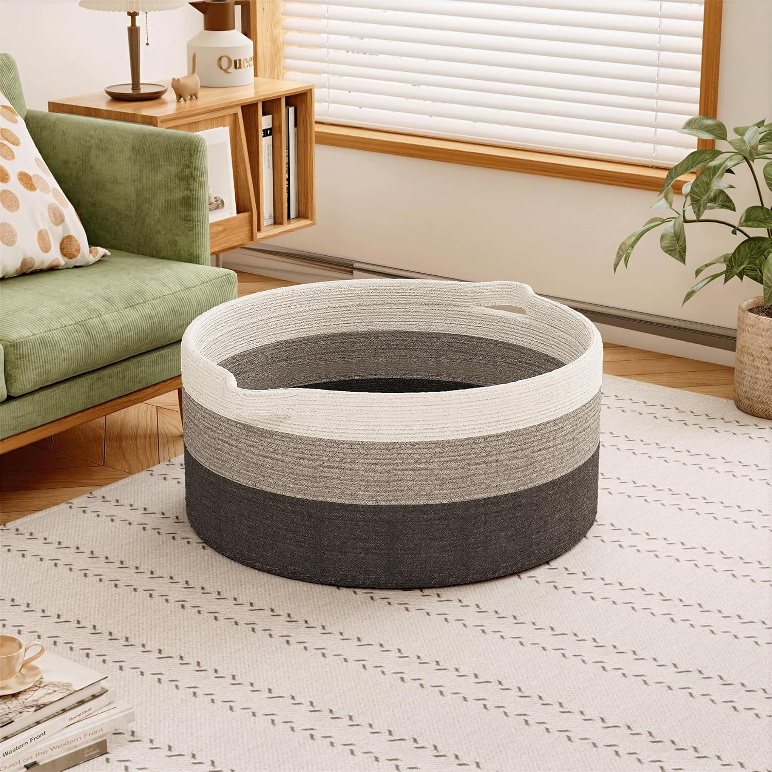 125L Extra Large Blanket Basket, 25" x 16", Jumbo Laundry Woven Baskets Decorative Home, Cotton Rope Basket with Handles, Baby Toy Baskets for Storage, Gradual Gray, 2PC