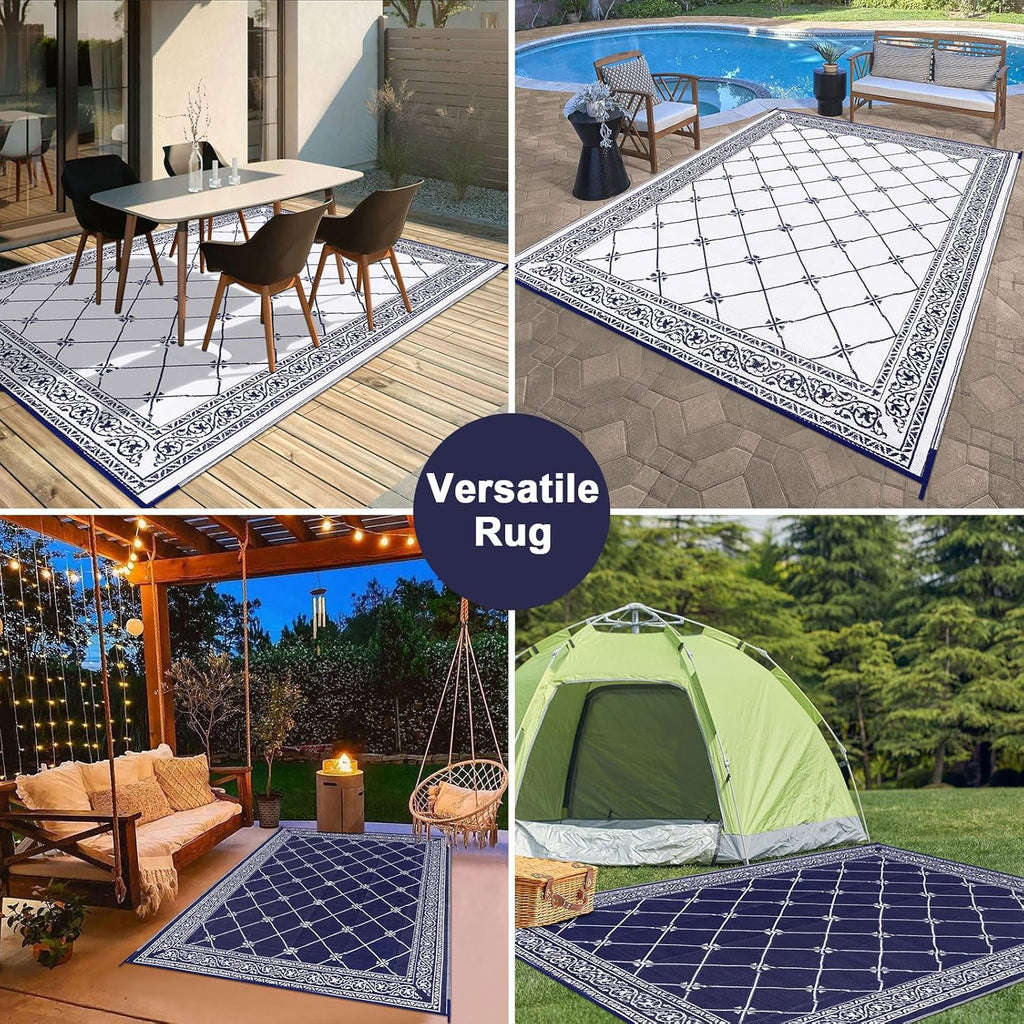 Outdoor Rug 8'x10' for Patios Waterproof Patio Rugs Outdoor Mats for Front Porch,Beach Mat,Reversible Plastic Straw Camping Rugs for Outside RV,Deck,Balcony,Backyard Navy Blue