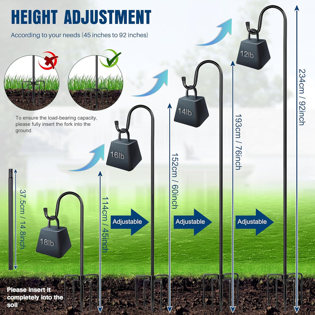 Ottsuls Shepherds Hooks with 5 Prongs Base for Outdoor - 92" Adjustable Bird Feeder Pole for Outside Hanging, Garden, Hummingbird Feeder, Plant Baskets, Solar Light Lanterns, Wedding Decor (1 Pack)