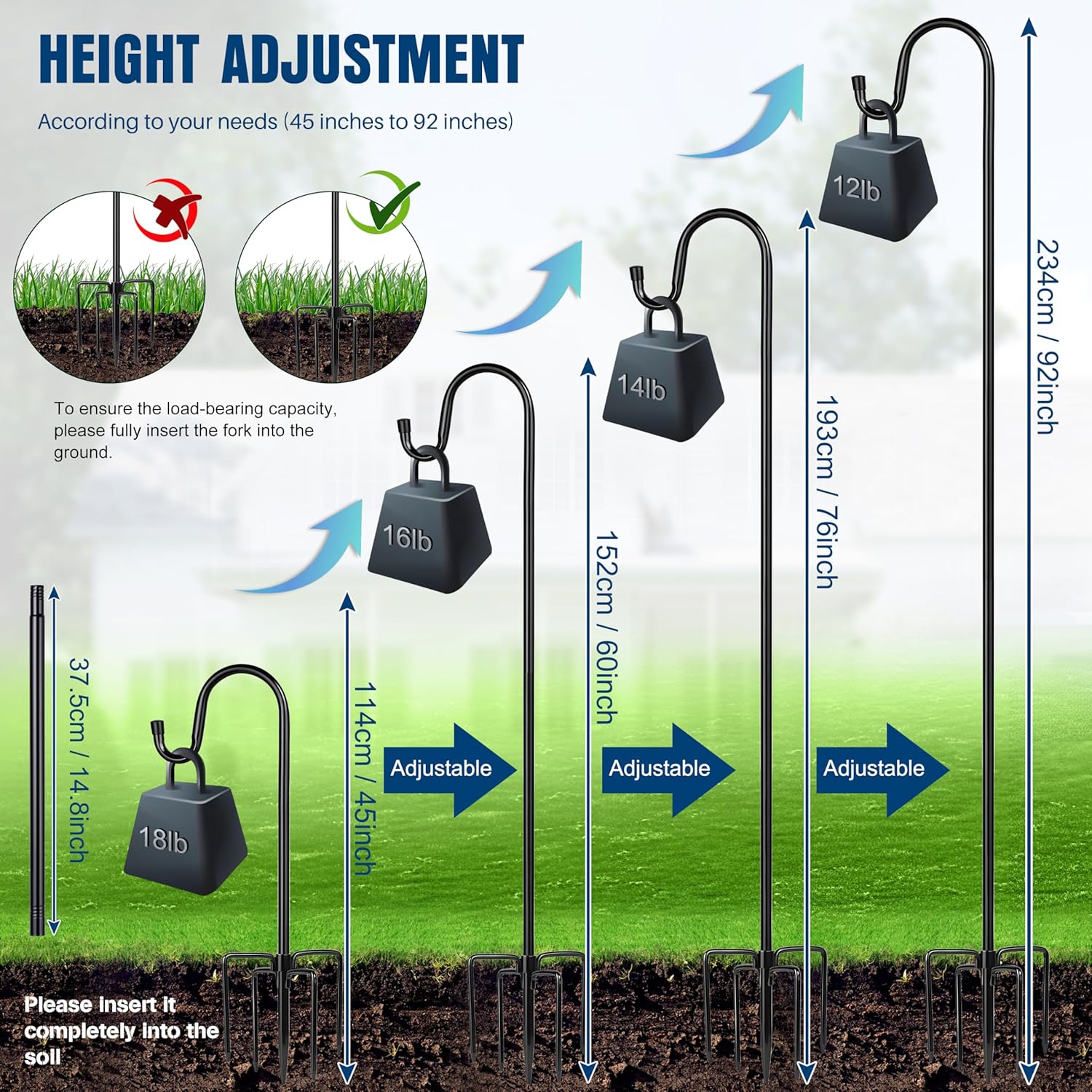 Ottsuls Shepherds Hooks with 5 Prongs Base for Outdoor - 92" Adjustable Bird Feeder Pole for Outside Hanging, Garden, Hummingbird Feeder, Plant Baskets, Solar Light Lanterns, Wedding Decor (1 Pack)