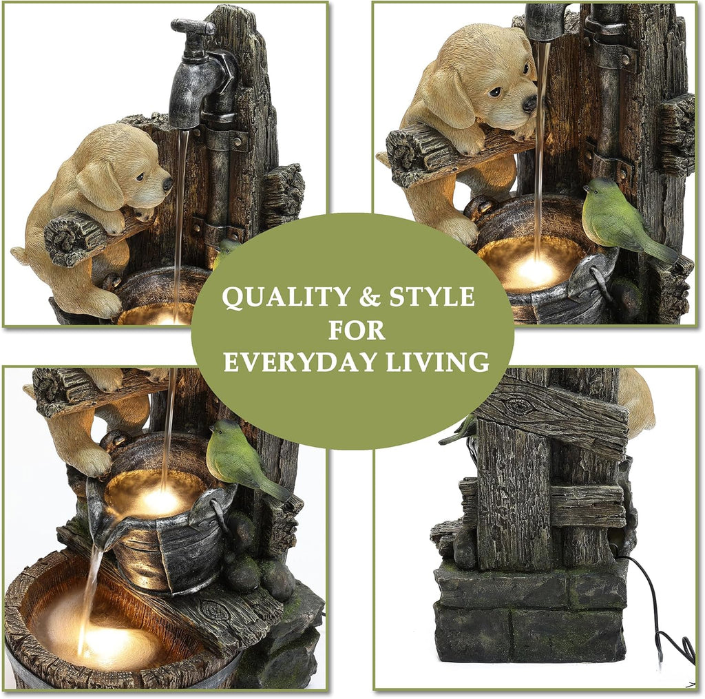 LuxenHome Water Fountain Outdoor, 25" Whimsical Puppy Dog Resin Outdoor Water Fountain with LED Lights, Decorative Garden Waterfall Fountains Indoor and Outdoor for Patio, Garden Decor