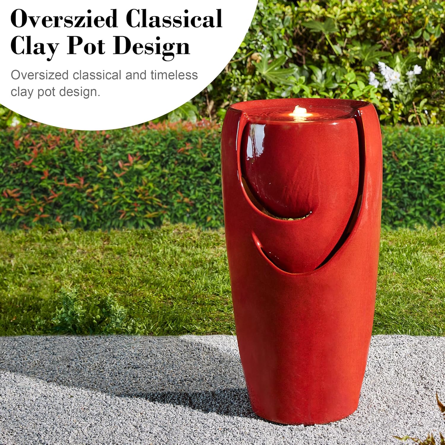 Glitzhome 29.25" H Oversized Ceramic Vase Outdoor Water Fountain Tall Patio Garden Water Fountain with LED Light and Submersible Pump Yard Art Decor, Red