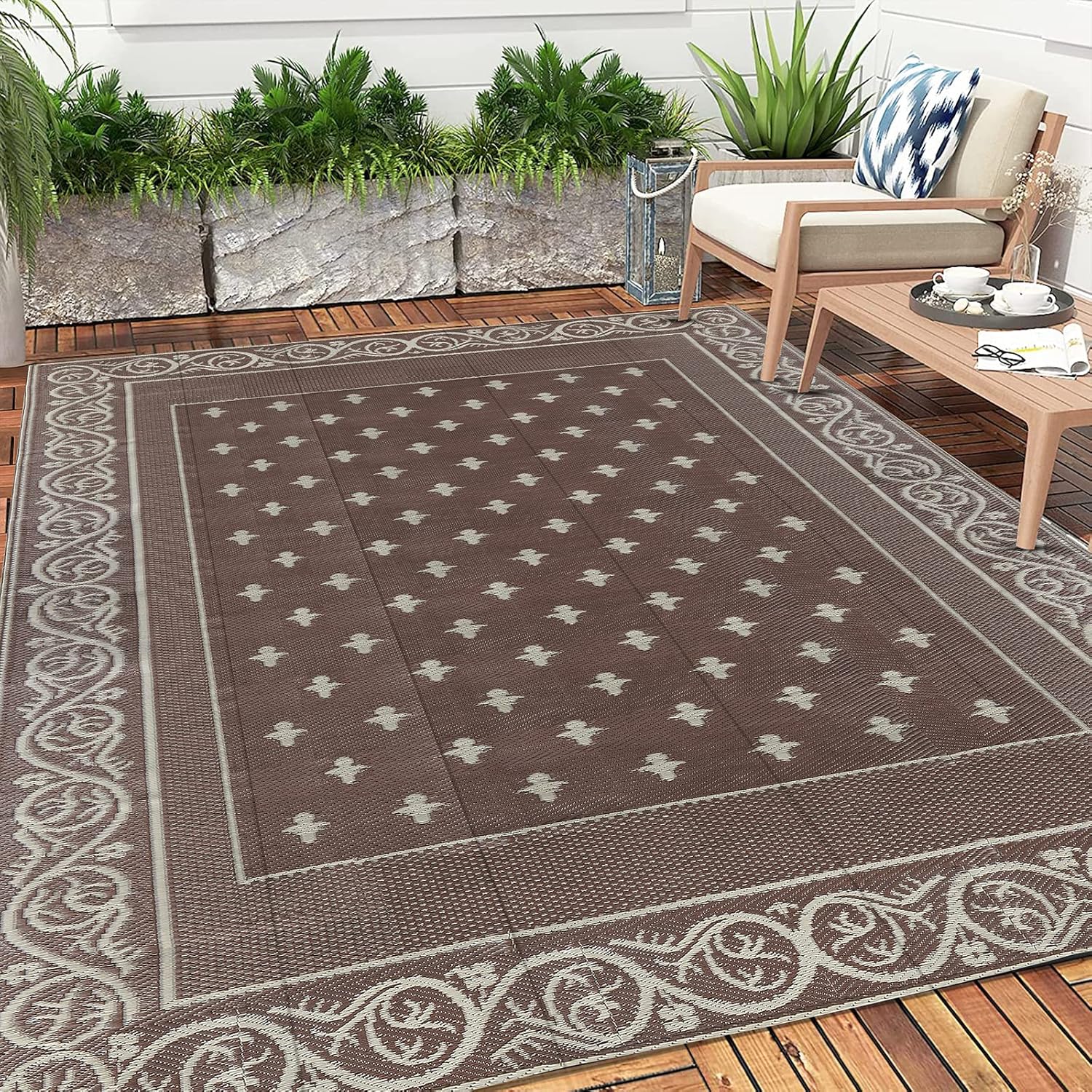 Pauwer 9'x12' Reversible Outdoor Rug, Waterproof Plastic Straw Area Rug for Patios, RV Mat, Camping, Picnic, Beach, Balcony, Pet Friendly, Lightweight