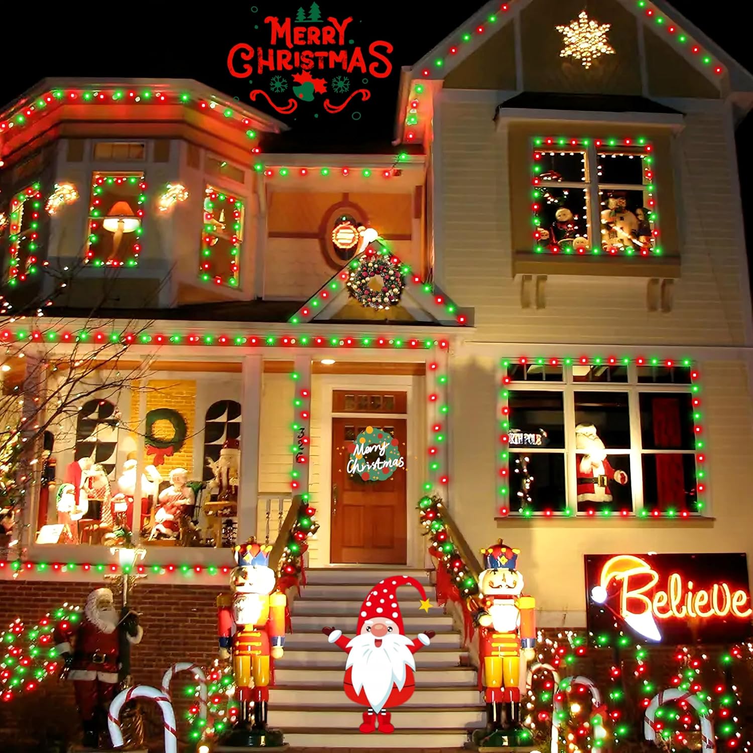 YEGUO Solar Fairy Lights Outdoor Waterproof, 4 Pack Each 33ft 100 LED String Lights, 8 Modes Silver Wire(Green and Red)