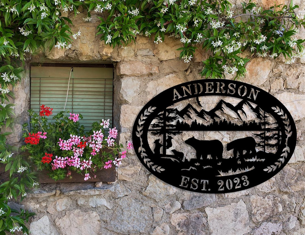 Custom Farmhouse Farm Sign, Custom Bear Monogram Name Sign, Ranch Sign, Outdoor Family Name Sign, Personalized Family Name Bear Metal Wall Sign, Personalized Rustic Name Sign