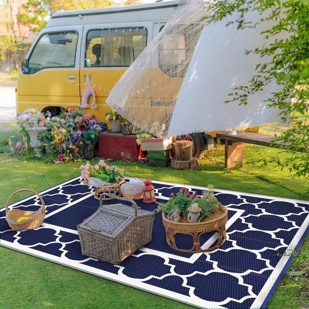 GENIMO 3' x 5' Outdoor Rug Waterproof for Patio Decor, Foldable Reversible Plastic Straw Area Rugs Mat for Camper, Outside Carpet for Rv, Deck, Porch, Picnic, Beach, Balcony, Blue & White