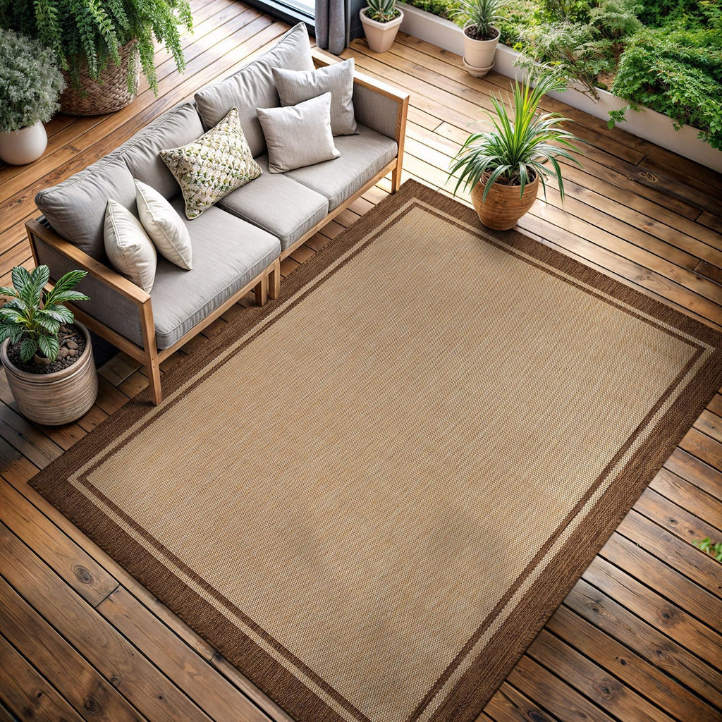 CAMILSON Outdoor Rug 9x12 Bordered Natural Brown Modern Area Rugs for Indoor and Outdoor Patios, Kitchen and Hallway Mats, Washable Porch Deck Outside Carpet (Border Jute, 9 x 12)