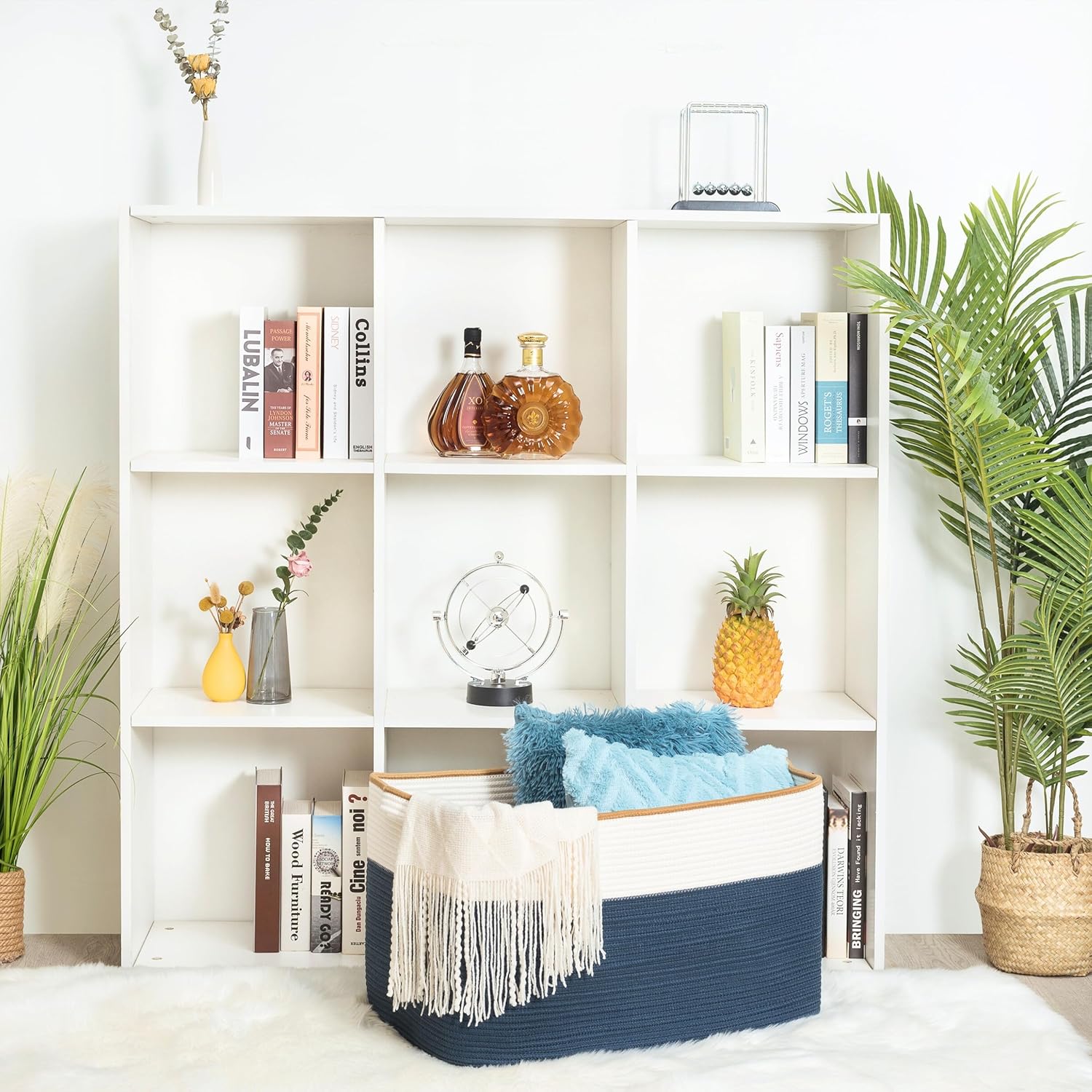 MINTWOOD Design 22in Extra Large Blanket Basket Holder Living Room, Rectangle Rope Woven Storage Basket with Handles for Laundry, Pool Towels, and Shoes, Dog Toy Organizer Bin Box, Prussian Blue